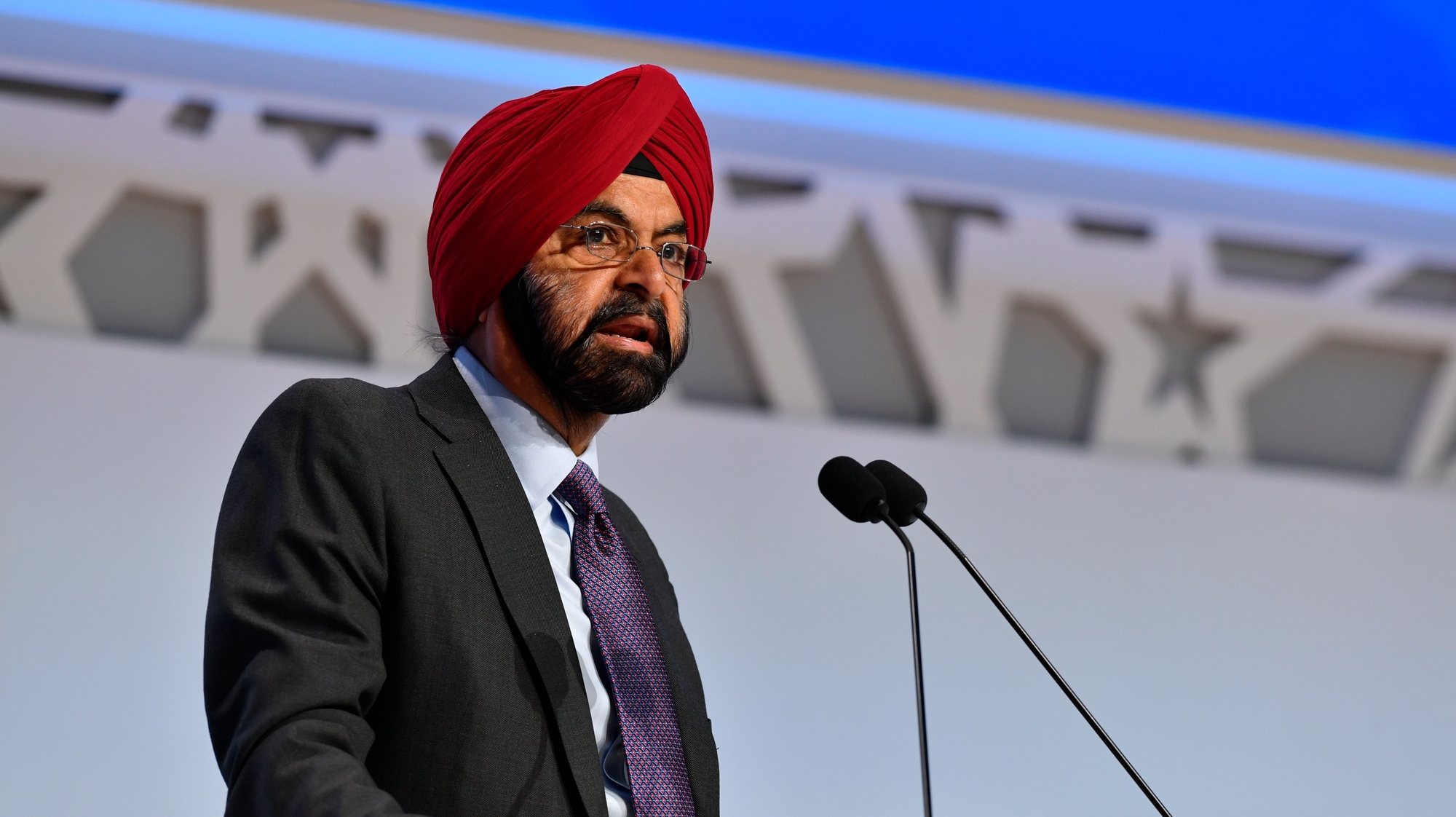 epa10916649 Ajay Banga, President of the World Bank Group, speaks during the annual meeting of the International Monetary Fund (IMF) and the World Bank Group (WBG), in Marrakesh, Morocco, 13 October 2023. This year&#039;s annual meetings, held from 09 to 15 October 2023, are joined by central bankers, ministers of finance and development, parliamentarians, private sector executives, representatives from civil society organizations and academics.  EPA/JALAL MORCHIDI