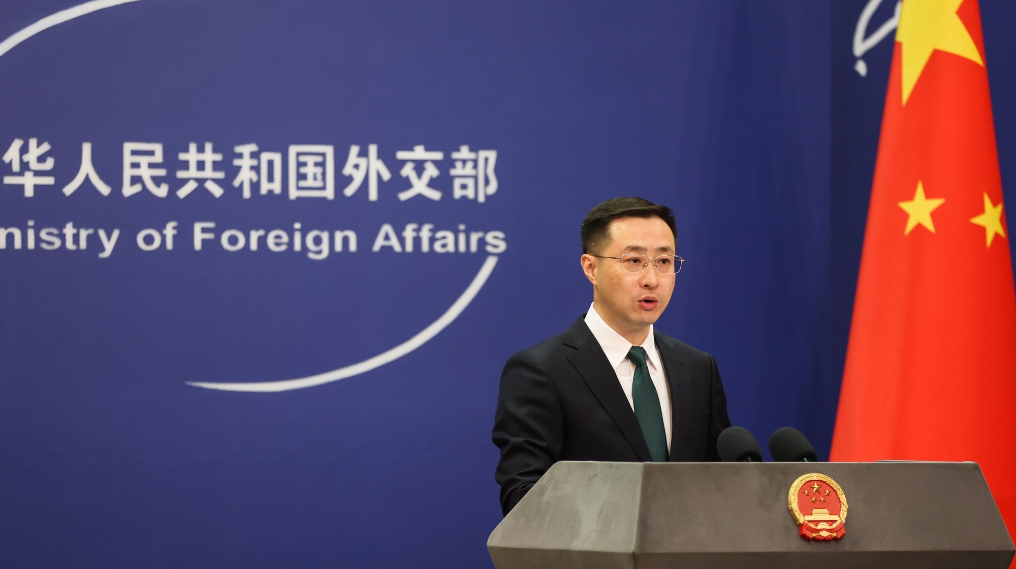 epa11279421 China’s Ministry of Foreign Affairs spokesperson, Lin Jian, speaks during a press conference in Beijing, China, 15 April 2024. China&#039;s Foreign Ministry spokesperson Lin Jian expressed &#039;deep concern&#039; over the escalation of conflict following Iran’s missile and drone attack on Israel, and &#039;urge both sides to avoid escalation of the situation&#039;.  EPA/WU HAO