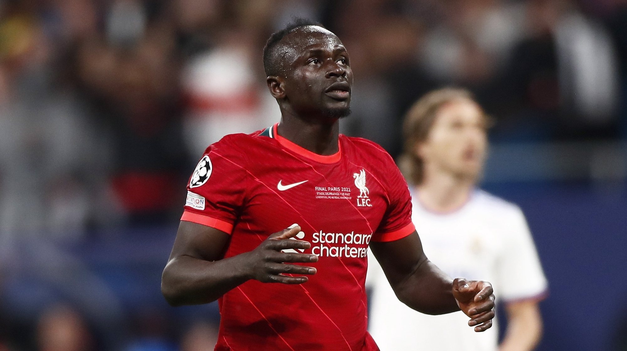 epa09983074 Sadio Mane of Liverpool reacts during the UEFA Champions League final between Liverpool FC and Real Madrid at Stade de France in Saint-Denis, near Paris, France, 28 May 2022.  EPA/MOHAMMED BADRA