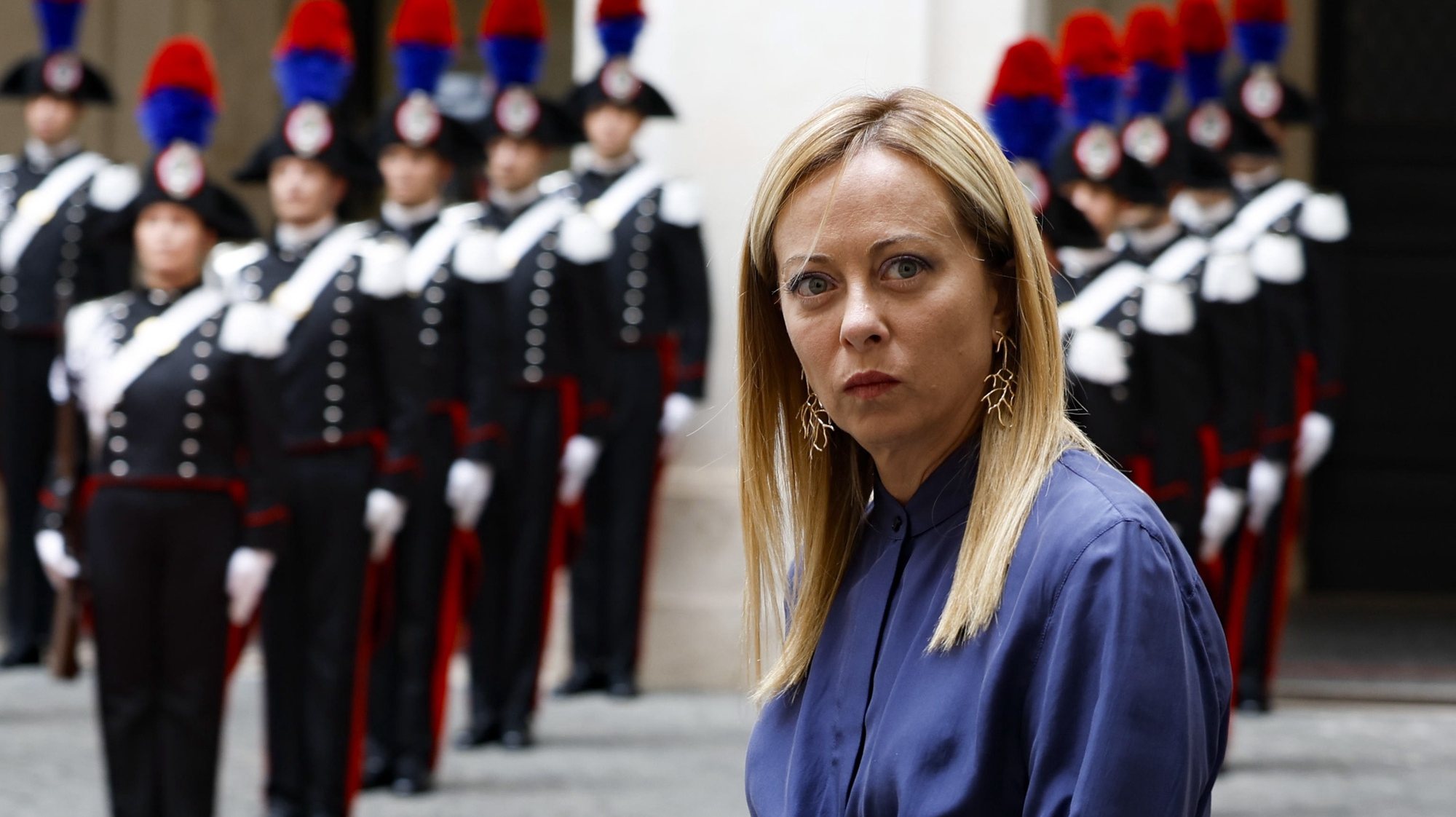 epa10769270 Italian Prime Minister Giorgia Meloni reacts prior to a meeting with President of Vietnam, Vo Van Thuong (not pictured) at Chigi Palace in Rome, Italy, 26 July 2023.  EPA/FABIO FRUSTACI