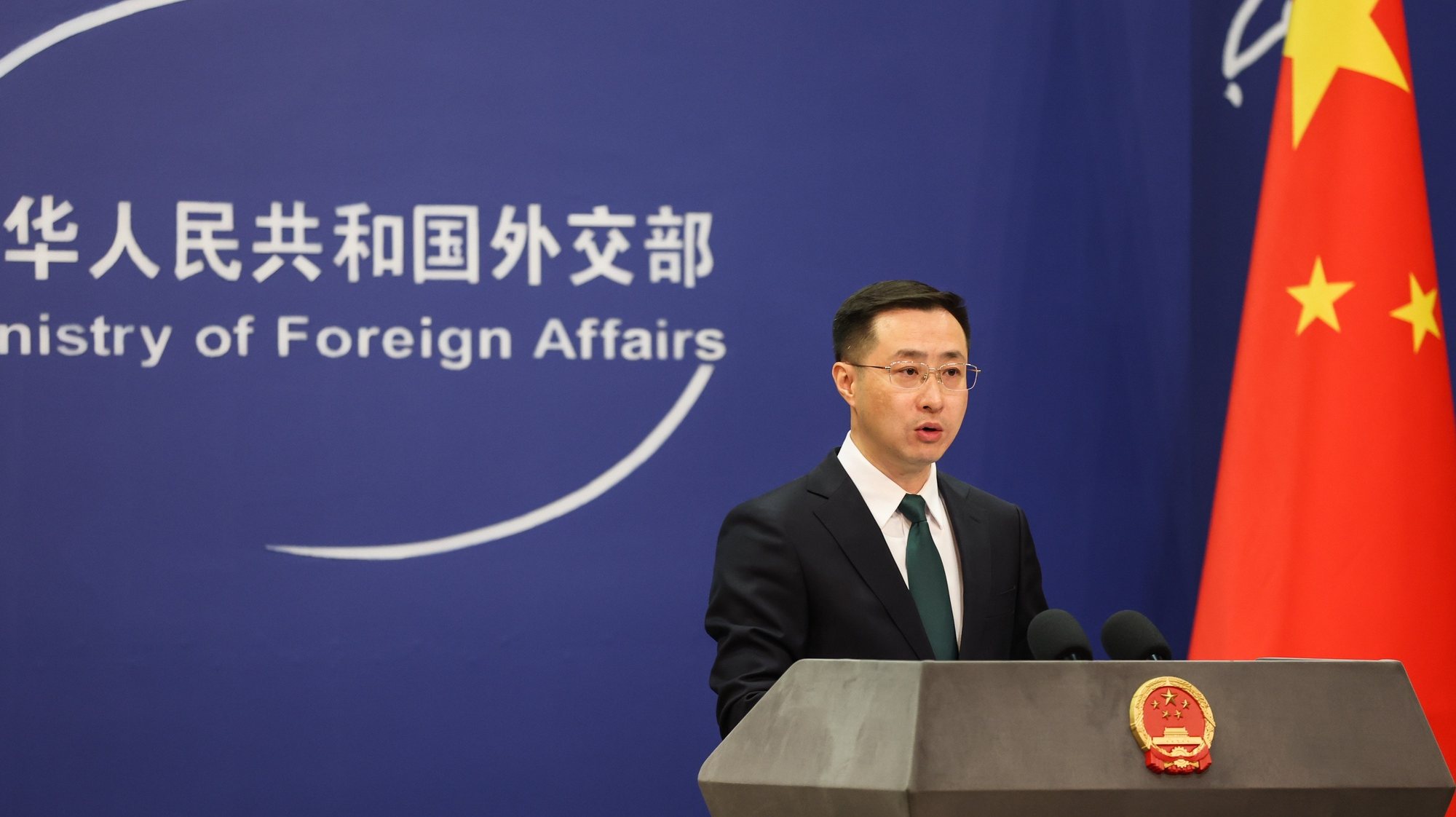 epa11279421 China’s Ministry of Foreign Affairs spokesperson, Lin Jian, speaks during a press conference in Beijing, China, 15 April 2024. China&#039;s Foreign Ministry spokesperson Lin Jian expressed &#039;deep concern&#039; over the escalation of conflict following Iran’s missile and drone attack on Israel, and &#039;urge both sides to avoid escalation of the situation&#039;.  EPA/WU HAO