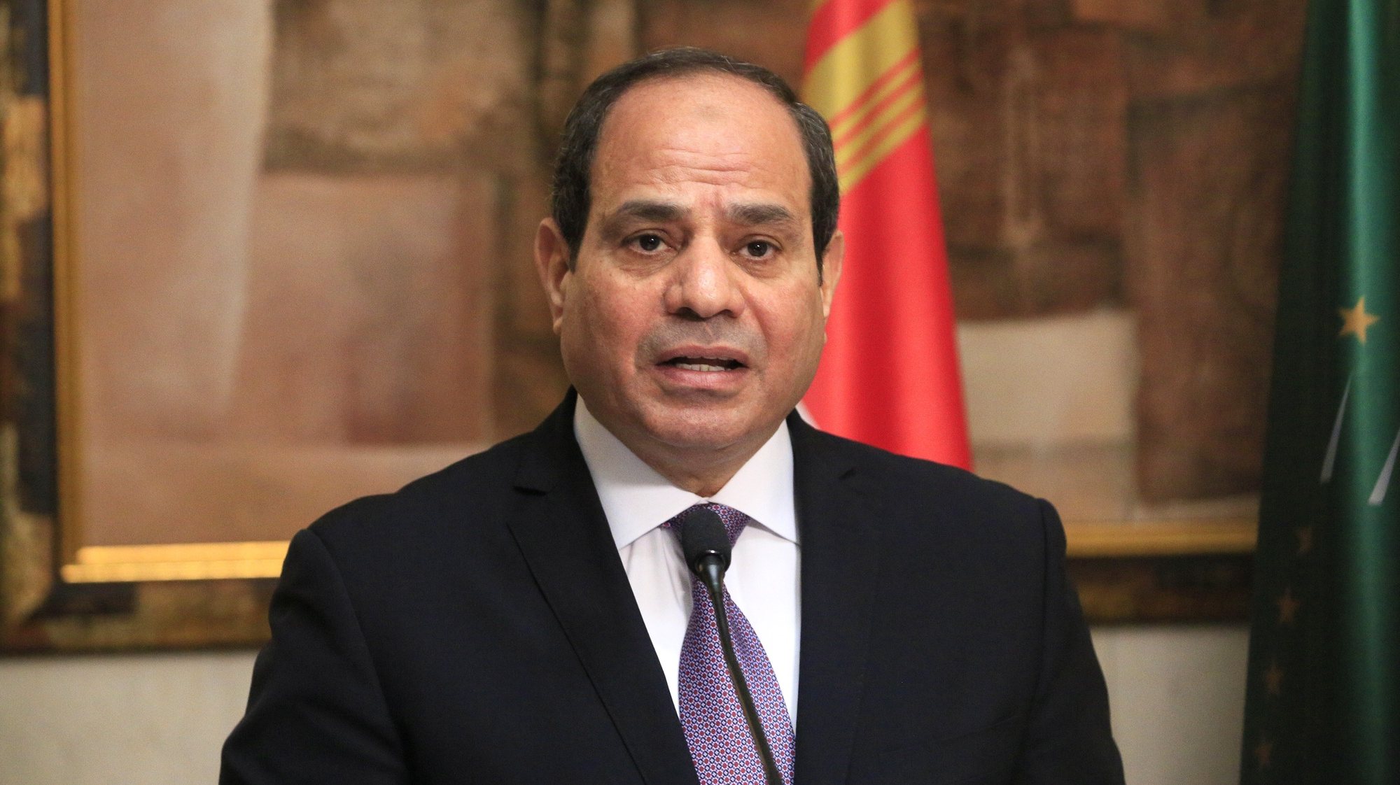 epa07498774 Egypt&#039;s President Abdel Fattah al-Sissi speaks at the presidential palace in Abidjan during a welcoming ceremony in Abijan, Ivory Coast, 11 April 2019. The President of the Arab Republic of Egypt Abdel Fattah Al-Sissi arrived Wednesday evening in Abidjan where he makes a visit of friendship and work of 48 hours. This visit of the Egyptian president in Ivory Coast is part of the part of a West African tour he began Sunday in Guinea. After the Ivorian stage, Abdel Fattah Al-Sissi is expected in Senegal.  EPA/LEGNAN KOULA