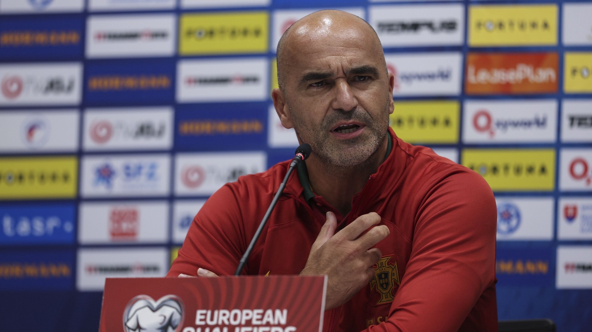 Portugal national team head coach Roberto Martinez attends a press conference prior to tomorrows match against Slovakia for the qualifying stage for the UEFA Euro 2024, in Tehelne Pole Stadium in Bratislava, Slovakia 07 September 2023. Portugal is preparing for the matches against Slovakia and Luxembourg for UEFA EURO 2024 qualifiers. MIGUEL A. LOPES/LUSA