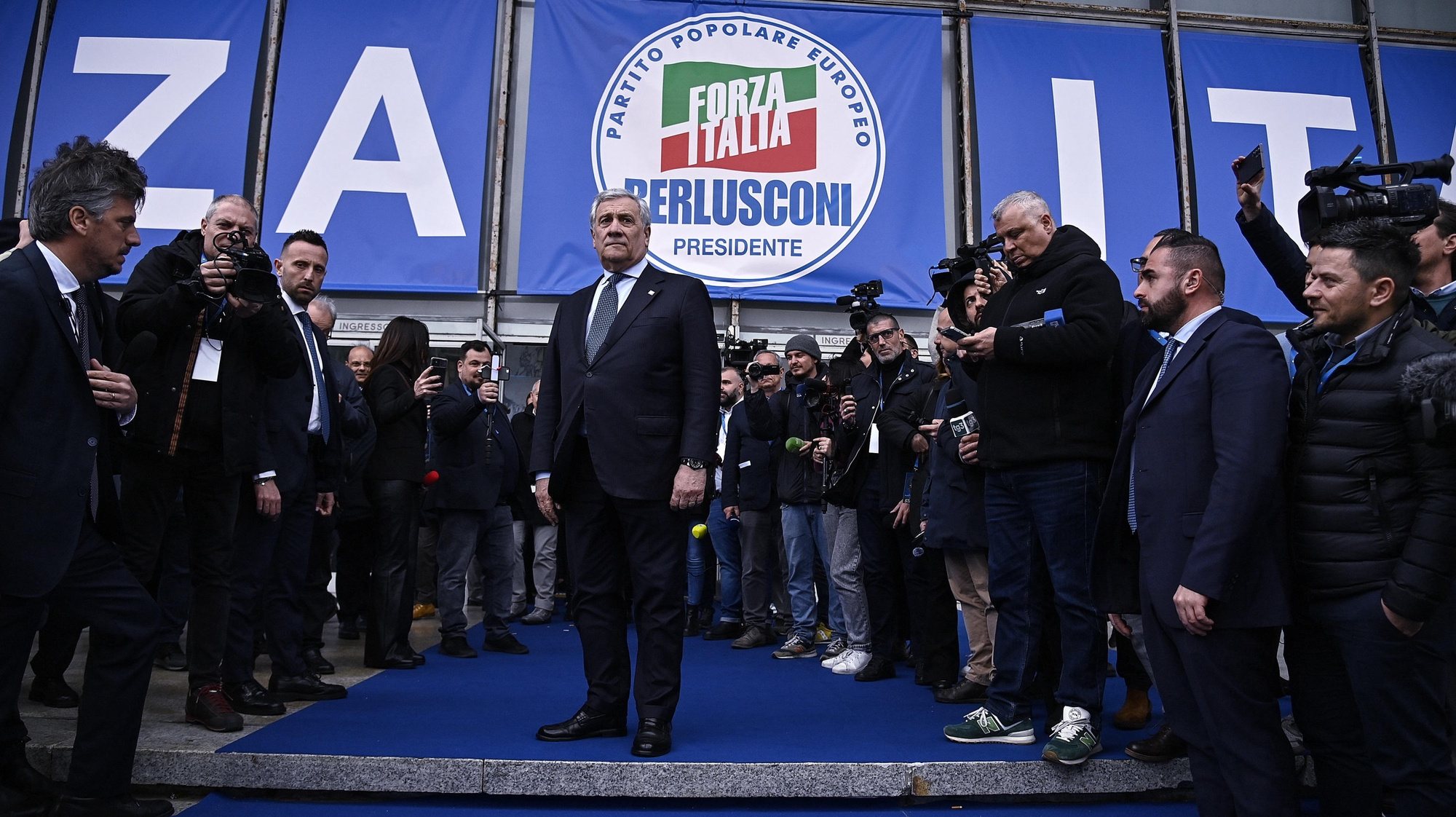 epa11175565 Italian Foreign Minister and Deputy Prime Minister, Antonio Tajani (C), attends the first day of Forza Italia&#039;s convention in Rome, Italy, 23 February 2024.  EPA/RICCARDO ANTIMIANI