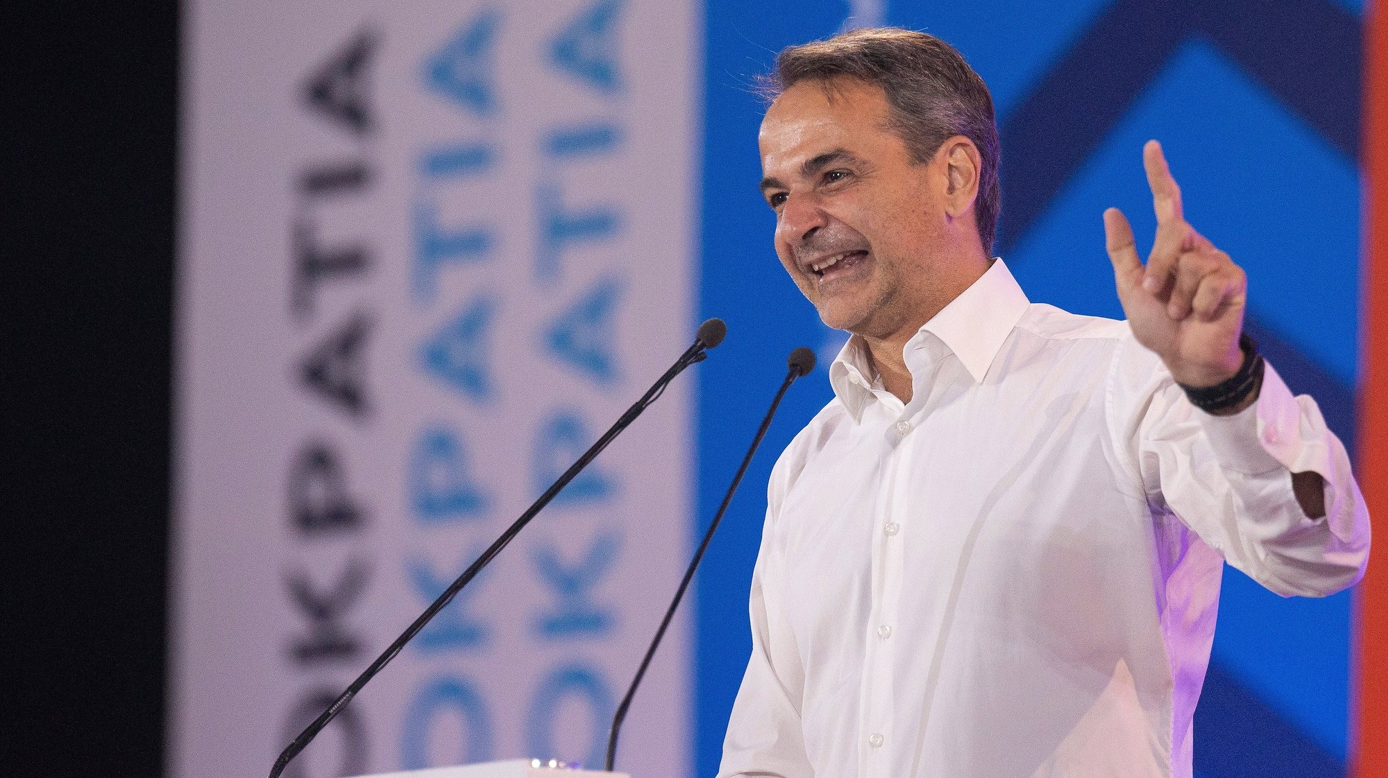 epa10637446 Greek Prime Minister and leader of New Dimokratia Kyriakos Mitsotakis speaks during his pre-election rally, in Thessaloniki, Greece, 18 May 2023. Greece will hold their parliamentary elections on 21 May.  EPA/ACHILLEAS CHIRAS