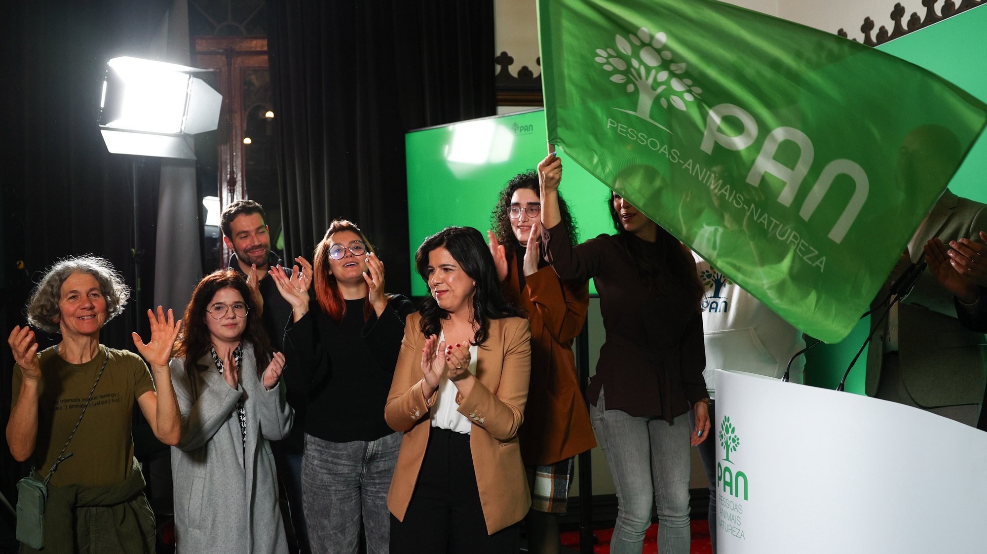 People-Animals-Nature (PAN) Party spokeswoman Ines de Sousa Real (C-R) celebrates his election during the election night of the legislative elections 2024 at Party headquarters in Lisbon, Portugal, 11 March 2024. More than 10.8 million Portuguese are expected to vote to elect 230 deputies to the Portuguese Parliament. Eighteen political forces (15 parties and three coalitions) are running in these elections. ANTONIO COTRIM/LUSA