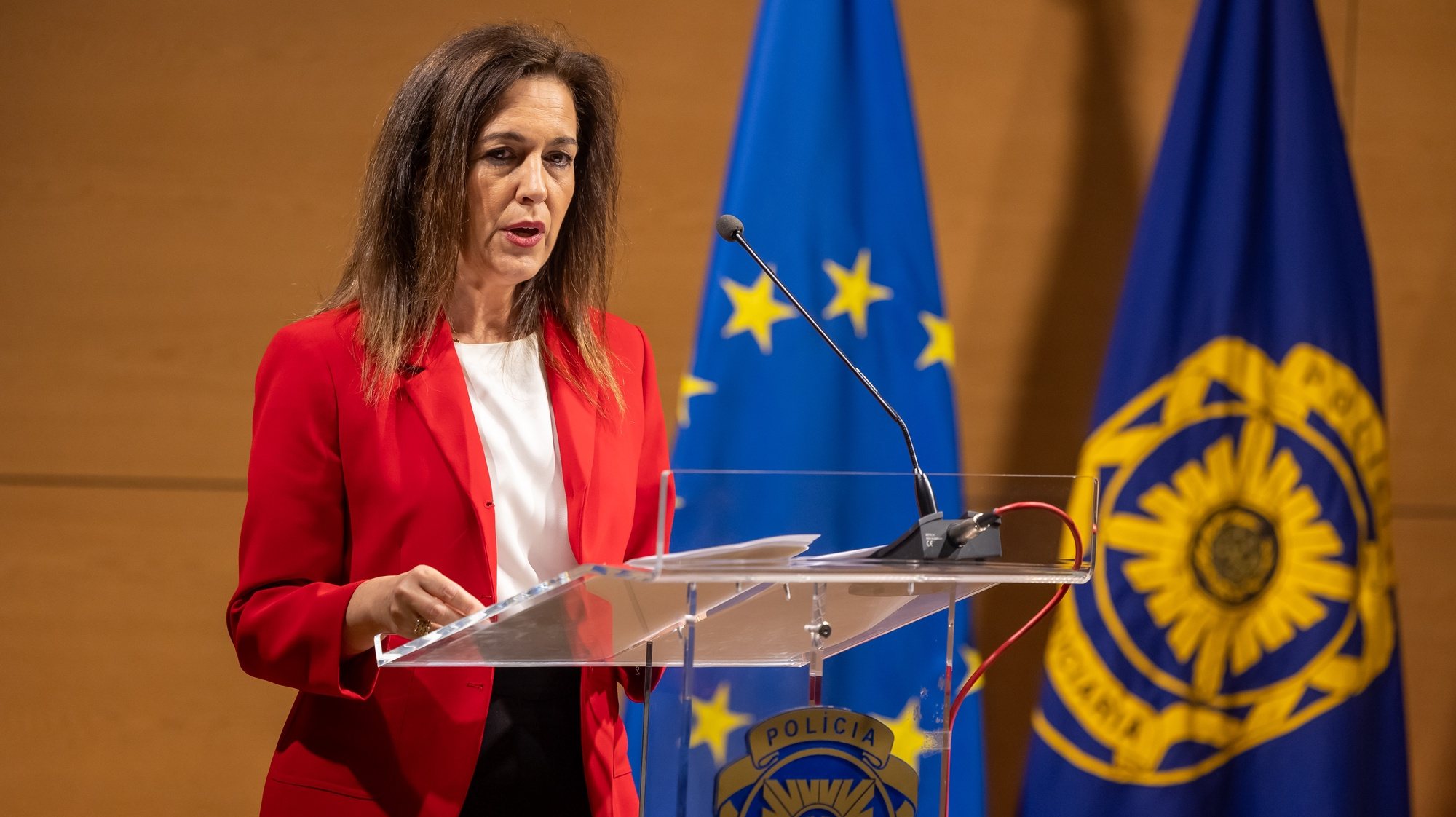 The Portuguese Minister of Justice, Rita Alarcao Judica, speaks during the ceremony to welcome Germany and Belgium to the Maritime Analysis and Operations Centre - Narcotics (MAOC - N), at the headquarters of the Judiciary Police in Lisbon, July 2, 2024. JOSE SENA GOULAO/LUSA