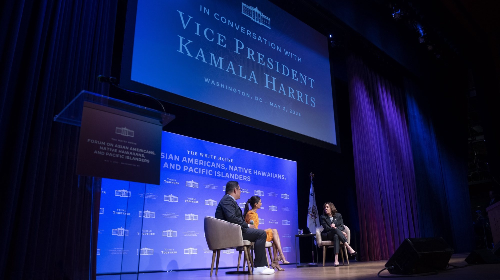 epa10607488 US Vice President Kamala Harris (R) participates in a moderated conversation at the White House Asian American &amp; Native Hawaiian and Pacific Islander Forum at Georgetown University, in Washington, DC, USA, 03 May 2023.  EPA/Ken Cedeno / POOL