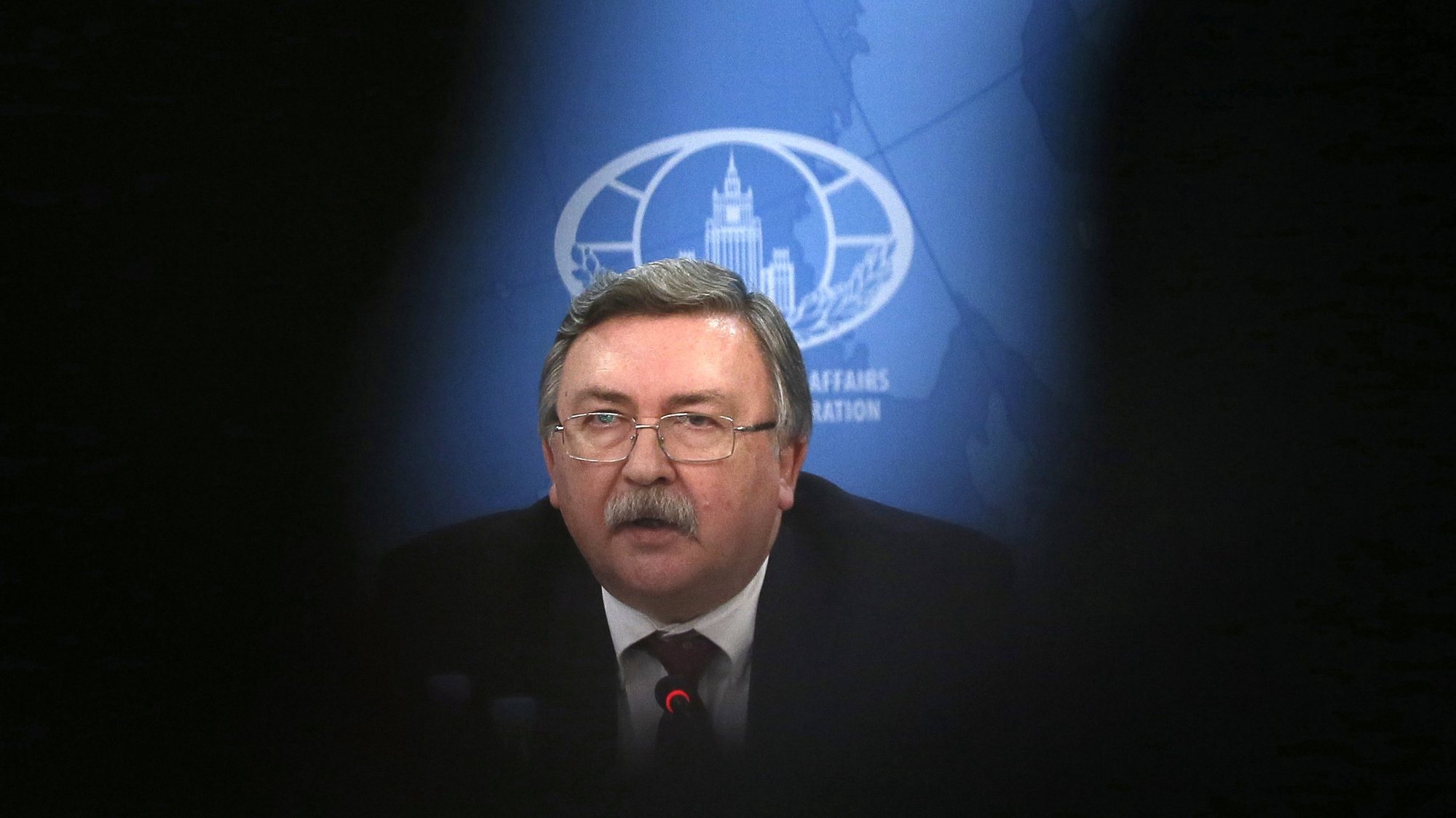 epa06303725 Director of the Russian Foreign Ministry Department for Non-Proliferation and Arms Control Mikhail Ulyanov speaks during a briefing presenting Russian assessment of the Seventh Report of the Organization for the Prohibition of Chemical Weapons (OPCW)-UN Joint Investigative Mechanism (JIM) in Moscow, Russia, 02 November 2017. The report blames Syrian President Bashar al-Assad&#039;s regime for use of sarin gas in Khan Sheikhoun.  EPA/MAXIM SHIPENKOV