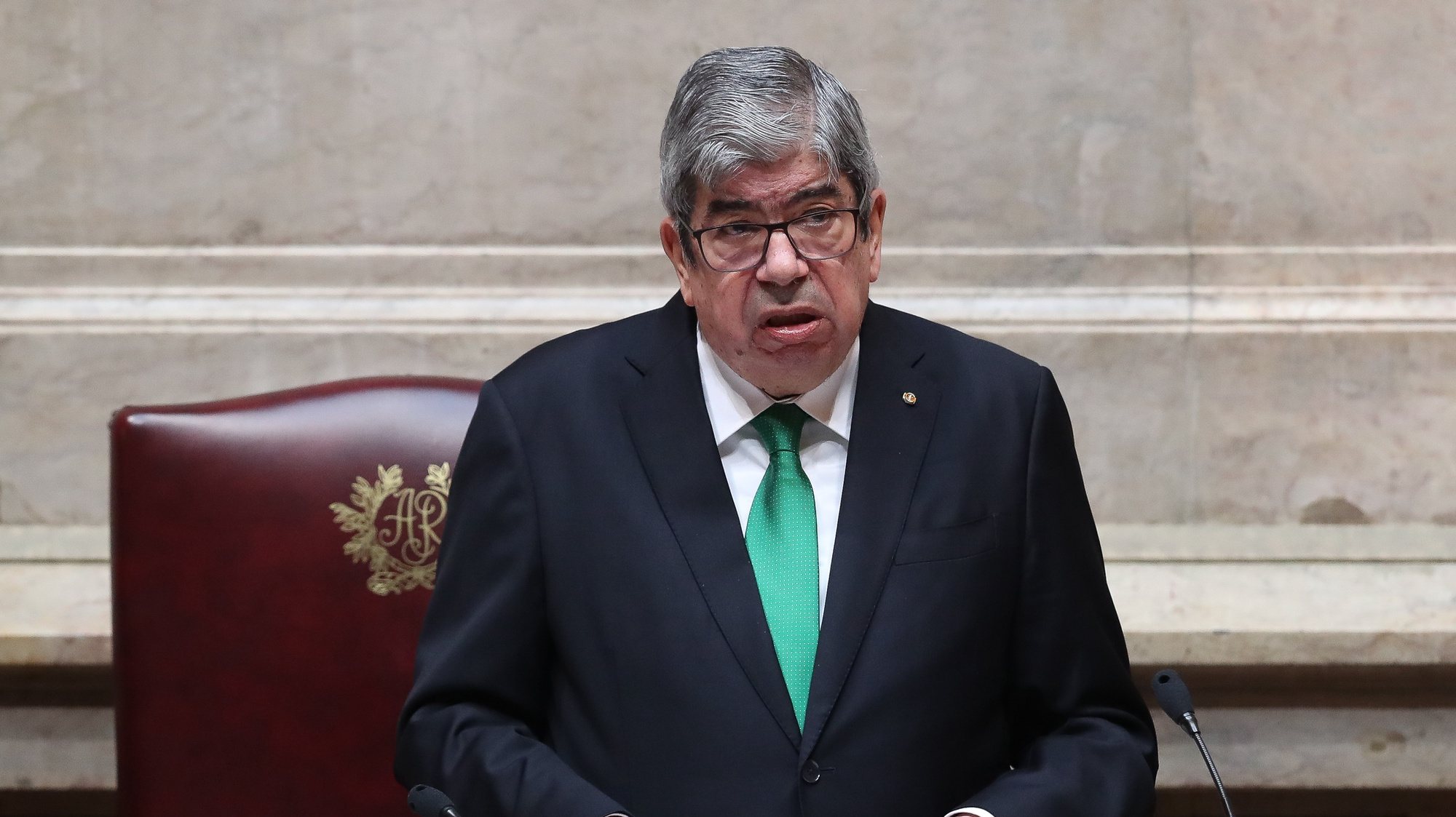 President of the Parliament Eduardo Ferro Rodrigues speeches during the swearing ceremony of Marcelo Rebelo de Sousa for a second term as President of the Republic at Portuguese Parliament in Lisbon, Portugal, 09 March 2021. Reelected in the January 24 presidential elections with 60.67% of the votes cast, the 72-year-old retired law professor, a former constituent deputy, will be sworn in on the original of the Constitution of the Portuguese Republic. MARIO CRUZ/LUSA