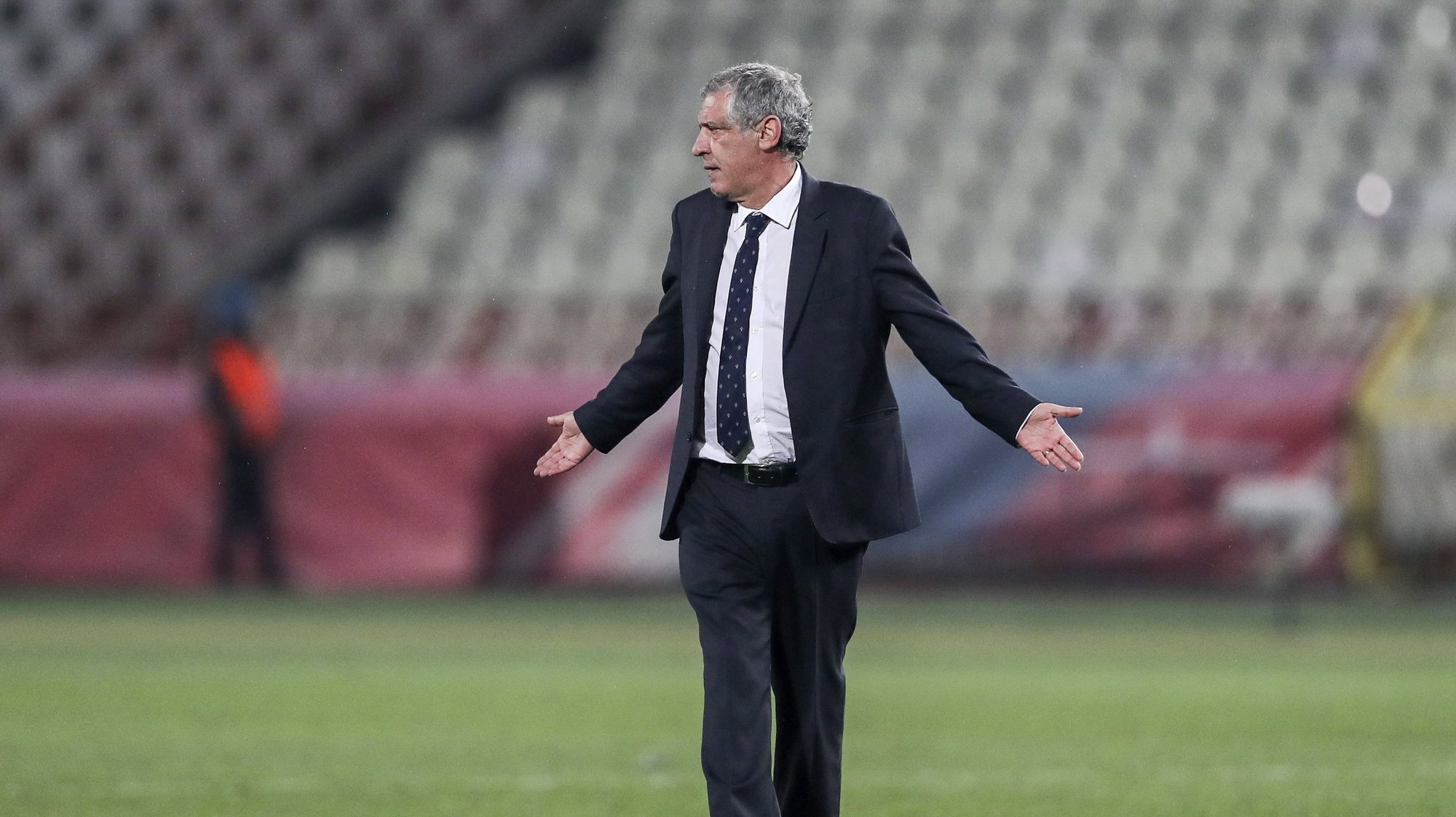 epa09102264 Portugal&#039;s head coach Fernando Santos reacts  after the Group A of FIFA World Cup Qatar 2022 qualifier match at Rajko Mitic Stadium in Belgrade, Serbia, 27th March 2021.  EPA/MIGUEL A. LOPES
