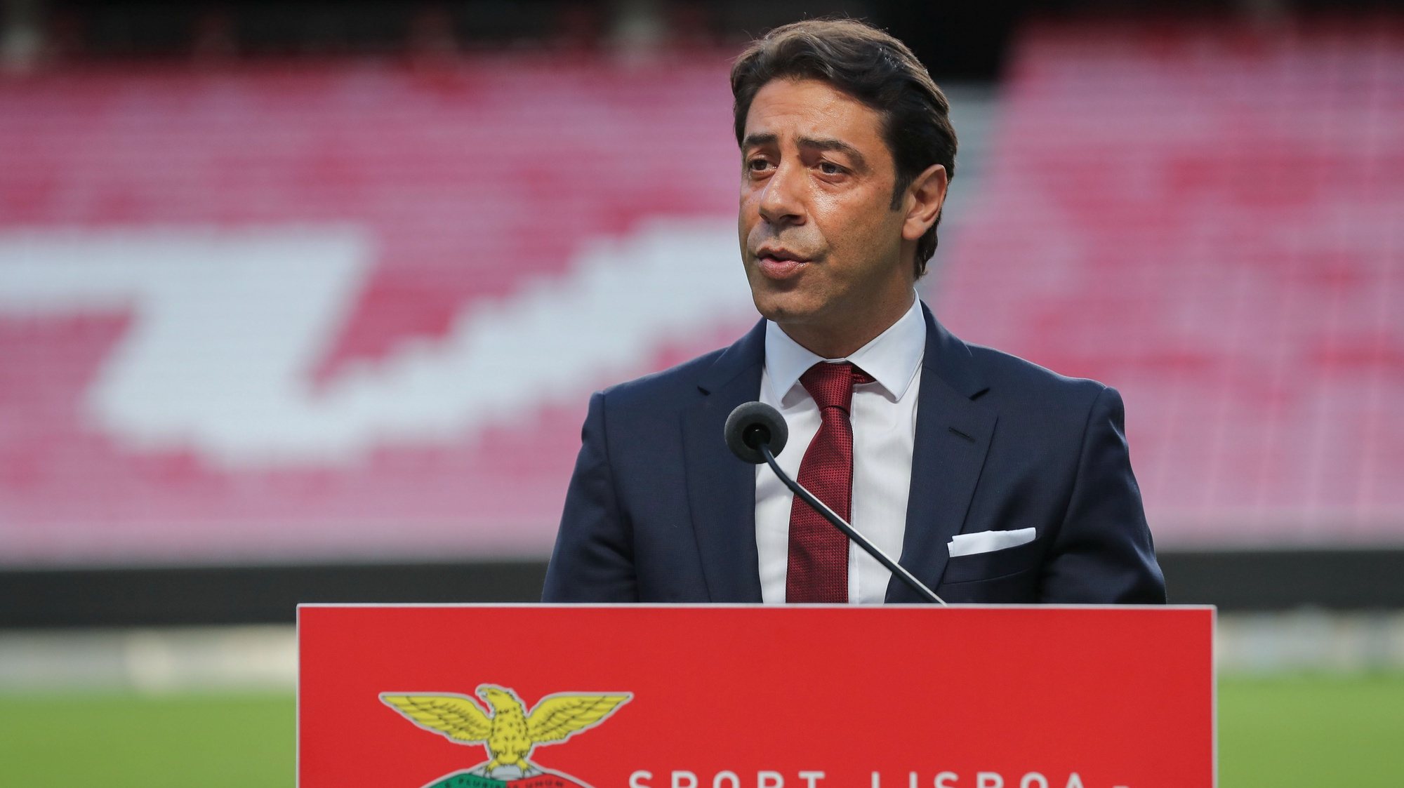 Former player Rui Costa addresses to the press after being appointed by Portuguese football club Benfica  as its new president  to replace Luis Filipe Vieira, who suspended his duties after he was detained as part of an investigation into alleged tax fraud and money laundering, Lisbon 09 July 2021.  MIGUEL A. LOPES/LUSA