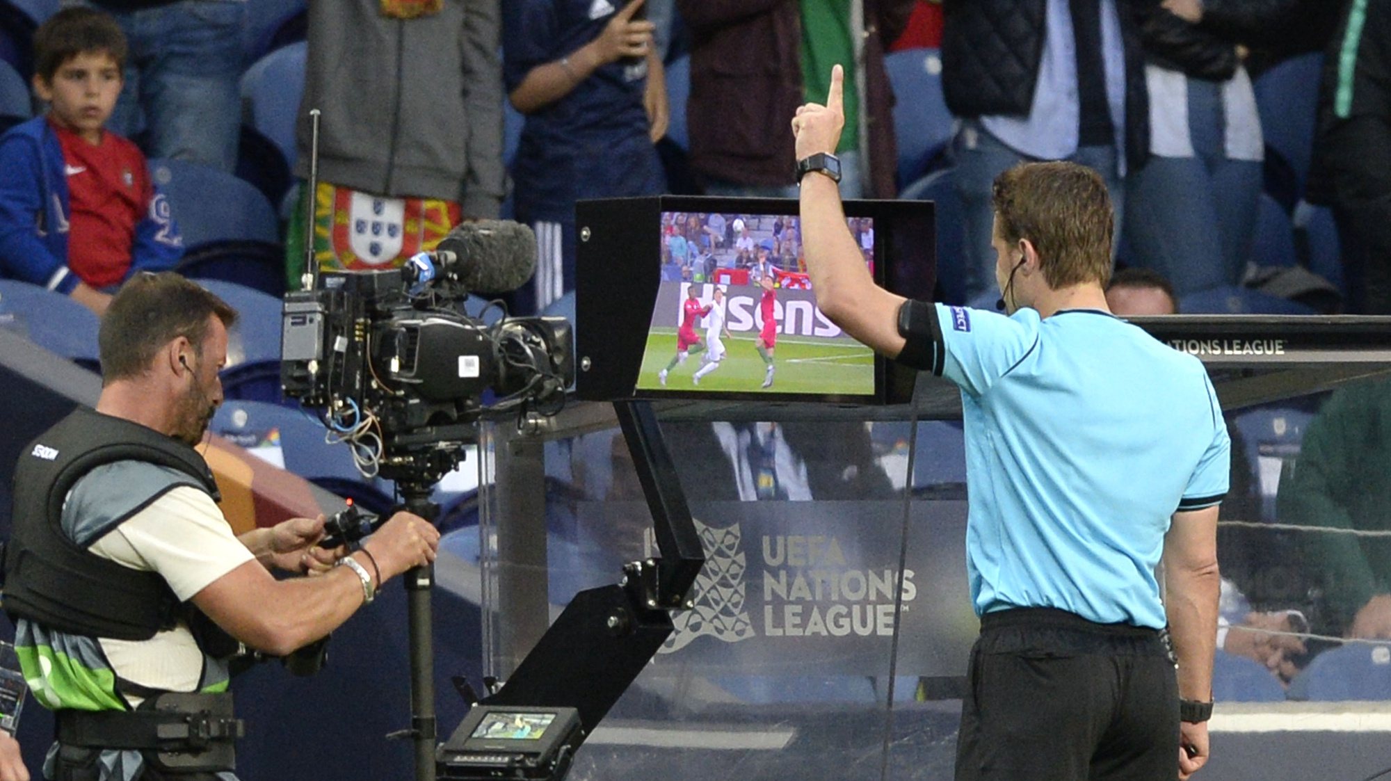 German referee Felix Brych watches the VAR during the UEFA Nations League semi final soccer match between Portugal and Switzerland, at Dragao stadium, Porto, Portugal, 05 June 2019. FERNANDO VELUDO/LUSA