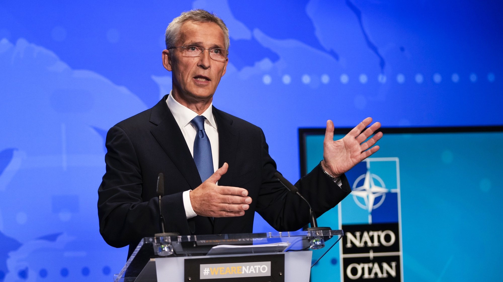 epa09422095 NATO Secretary General Jens Stoltenberg gestures during an online news conference following a NATO Foreign Ministers video meeting following developments in Afghanistan at the NATO headquarters in Brussels, Belgium, 20 August 2021.  EPA/FRANCISCO SECO / POOL