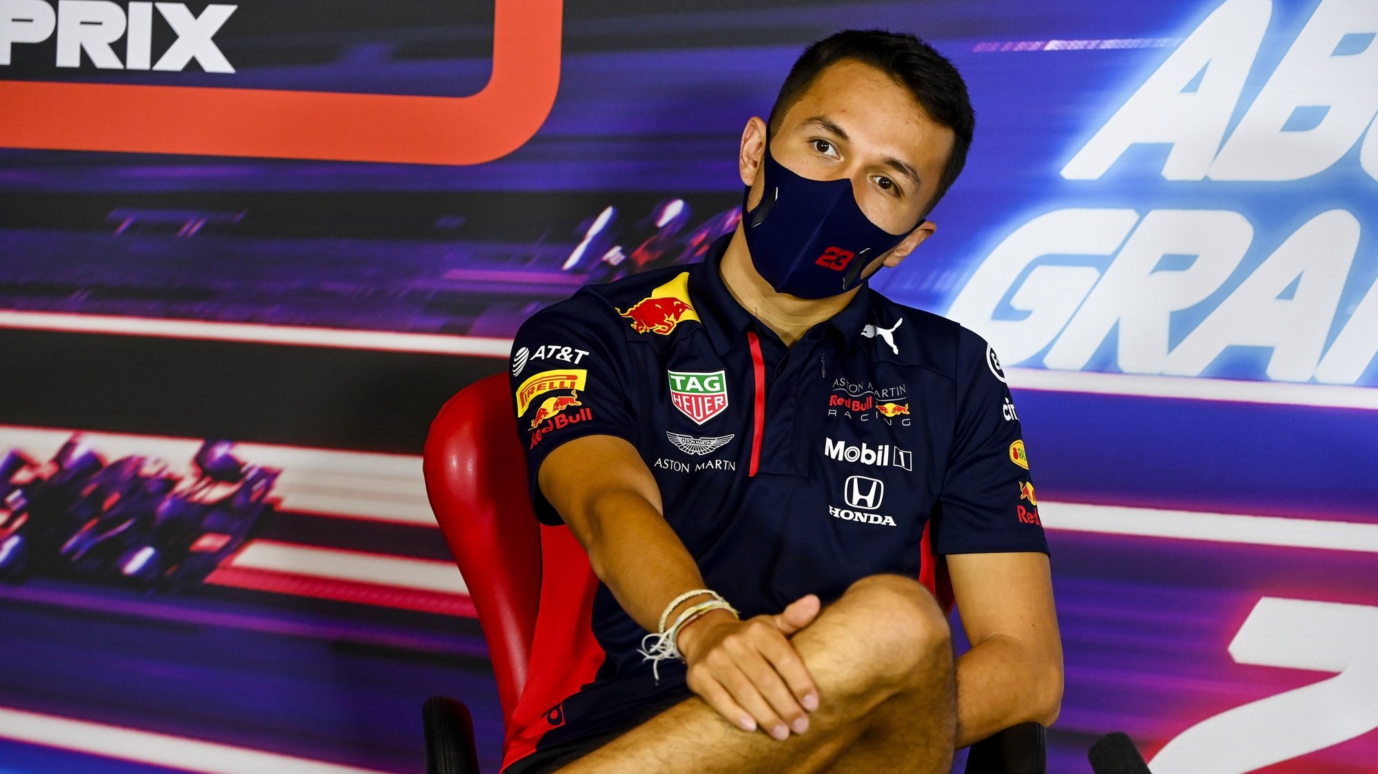 epa08874959 A handout photo made available by the FIA shows Thai Formula One driver Alexander Albon of Aston Martin Red Bull Racing wearing a protective face mask during a press conference ahead of the Formula One Grand Prix of Abu Dhabi at Yas Marina Circuit in Abu Dhabi, United Arab Emirates, 10 December 2020. The Formula One Grand Prix of Abu Dhabi will take place on 13 December 2020.  EPA/FIA/F1 HANDOUT  HANDOUT EDITORIAL USE ONLY/NO SALES *** Local Caption *** BAHRAIN, BAHRAIN - NOVEMBER 26: &lt;&lt;enter caption here&gt;&gt; during previews ahead of the F1 Grand Prix of Bahrain at Bahrain International Circuit on November 26, 2020 in Bahrain, Bahrain. (Photo by Rudy Carezzevoli/Getty Images)