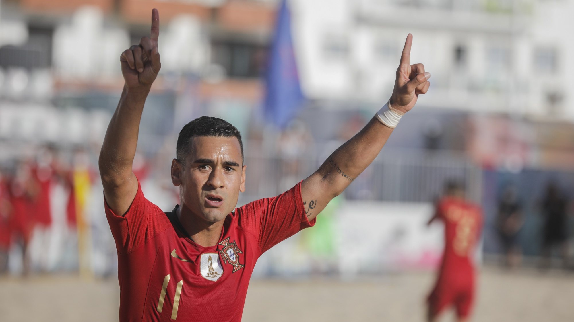 The player of the Portugal national team Leo Martins celebrates the scoring of a goal against the Swiss national team during the Superfinal of the European Beach Soccer League held at Nazare, Portugal, 6th September 2020. PAULO CUNHA/LUSA