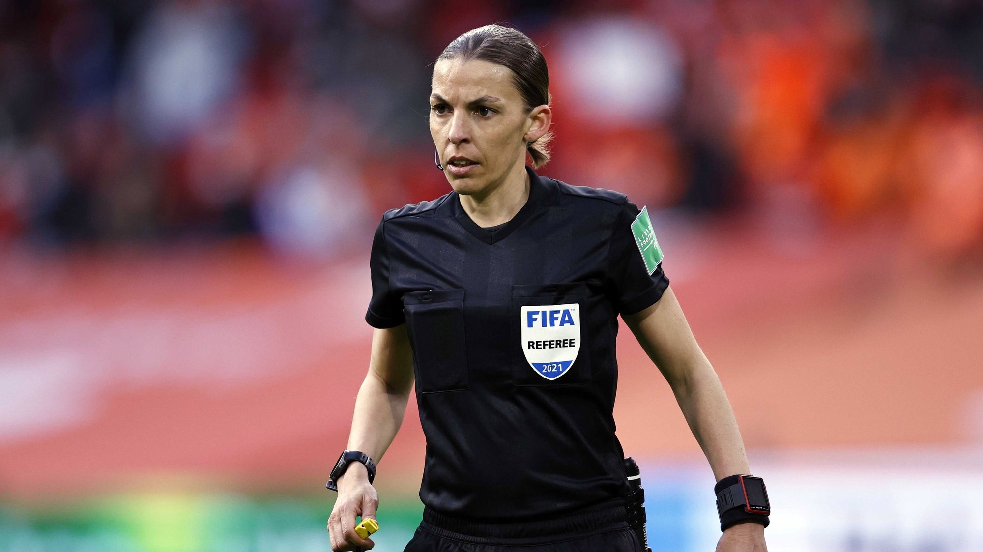 epa09101579 French referee Stephanie Frappart reacts during the FIFA World Cup 2022 qualifying match between the Netherlands and Latvia at Johan Cruijff Arena in Amsterdam, The Netherlands, 27 March 2021.  EPA/MAURICE VAN STEEN