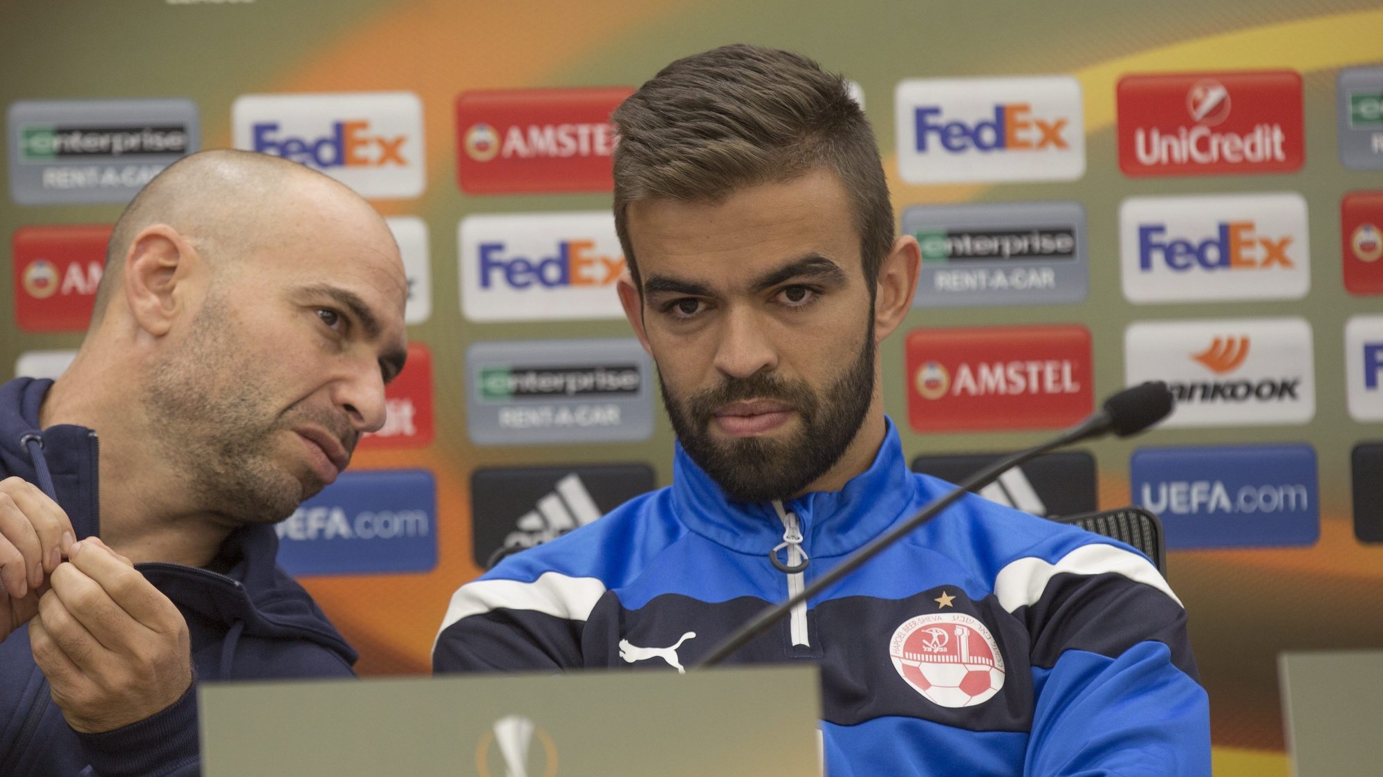 epa05643976 Miguel Vitor, player of Hapoel Beer Sheva, during a Press conference at Tirner stadium in Beer Sheva, Israel, 23 November 2016, ahead of their UEFA Europa League match against Inter Milan.  EPA/ATEF SAFADI