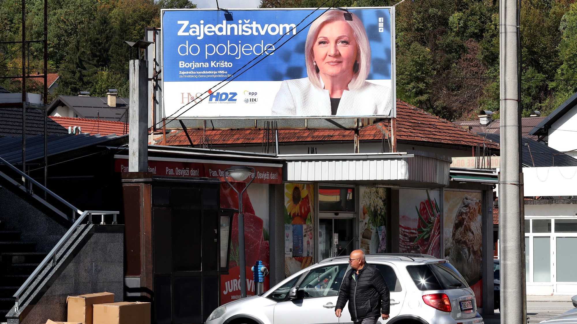 epa10213597 A poster of Croatian candidate for member of the Bosnian presidency Borjana Kristo of the Croatian Democratic Union party in Kiseljak, Bosnia and Herzegovina, 29 September 2022. More than three million Bosnian citizens are expected to vote in the country&#039;s general elections on 02 October. 90 political parties and 10 candidates for the three members of the Bosnian presidency were registered.  EPA/FEHIM DEMIR