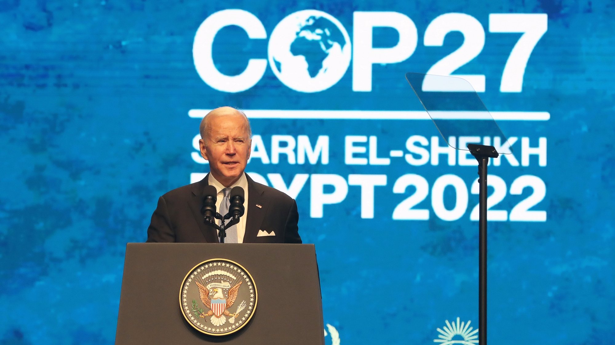 epa10300105 US President Joe Biden delivers his speech at the 2022 United Nations Climate Change Conference (COP27), in Sharm El-Sheikh, Egypt, 11 November 2022. The 2022 United Nations Climate Change Conference (COP27), runs from 06-18 November, and is expected to host one of the largest number of participants in the annual global climate conference as over 40,000 estimated attendees, including heads of states and governments, civil society, media and other relevant stakeholders will attend. The events will include a Climate Implementation Summit, thematic days, flagship initiatives, and Green Zone activities engaging with climate and other global challenges.  EPA/KHALED ELFIQI