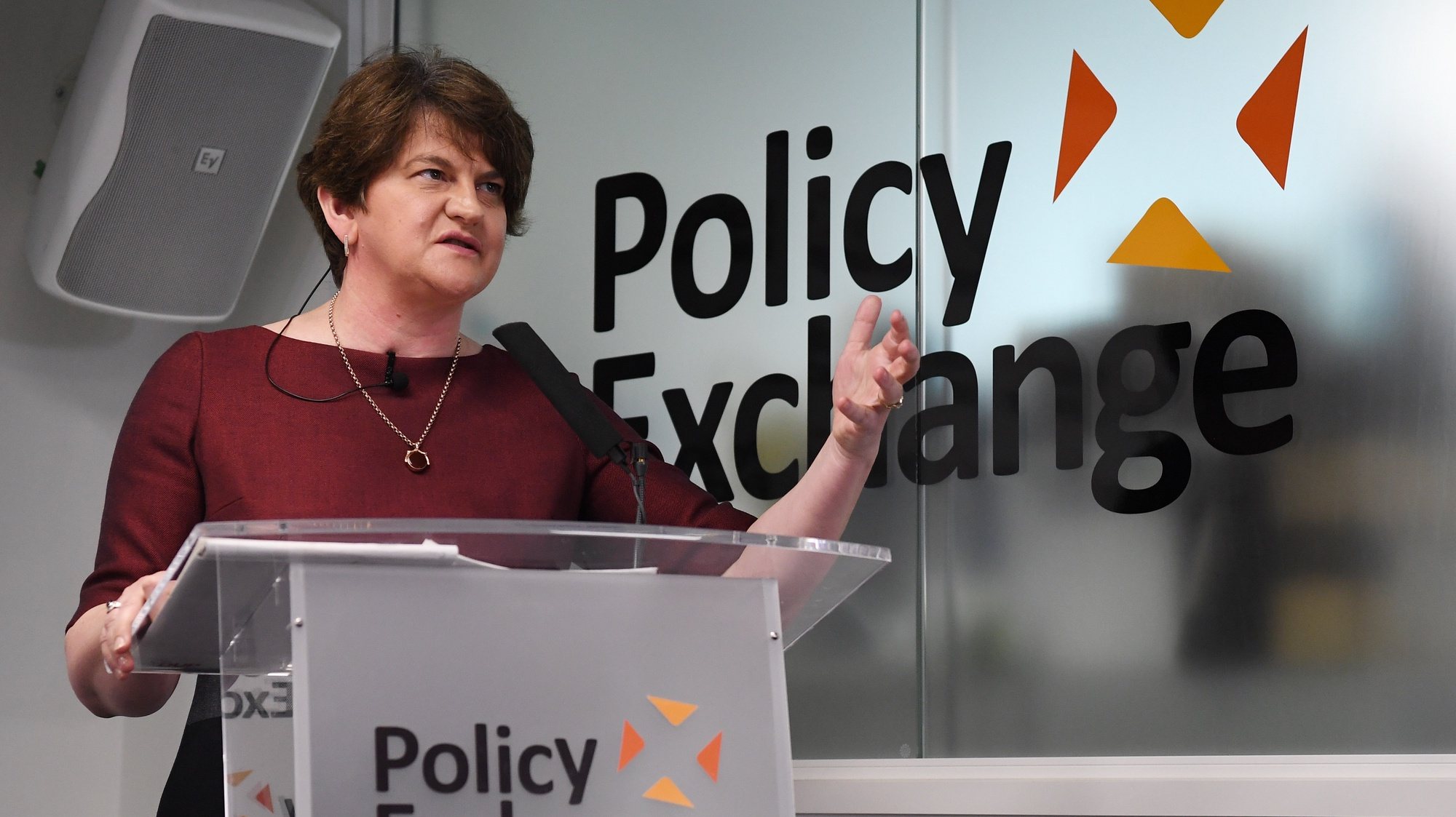 epa09165636 (FILE) - Northern Ireland Democratic Unionist Party (DUP) leader Arlene Foster speaks at an event on the Brexit Irish backstop, at Policy Exchange in Westminster London, Britain, 26 June 2019 (reissued 28 April 2021). Arlene Foster on 28 April 2021 in a statement announced she will be stepping down as Democratic Unionist Party (DUP) party leader on 20 May and as First Minister of Northern Ireland by the end of June.  EPA/FACUNDO ARRIZABALAGA *** Local Caption *** 55299694