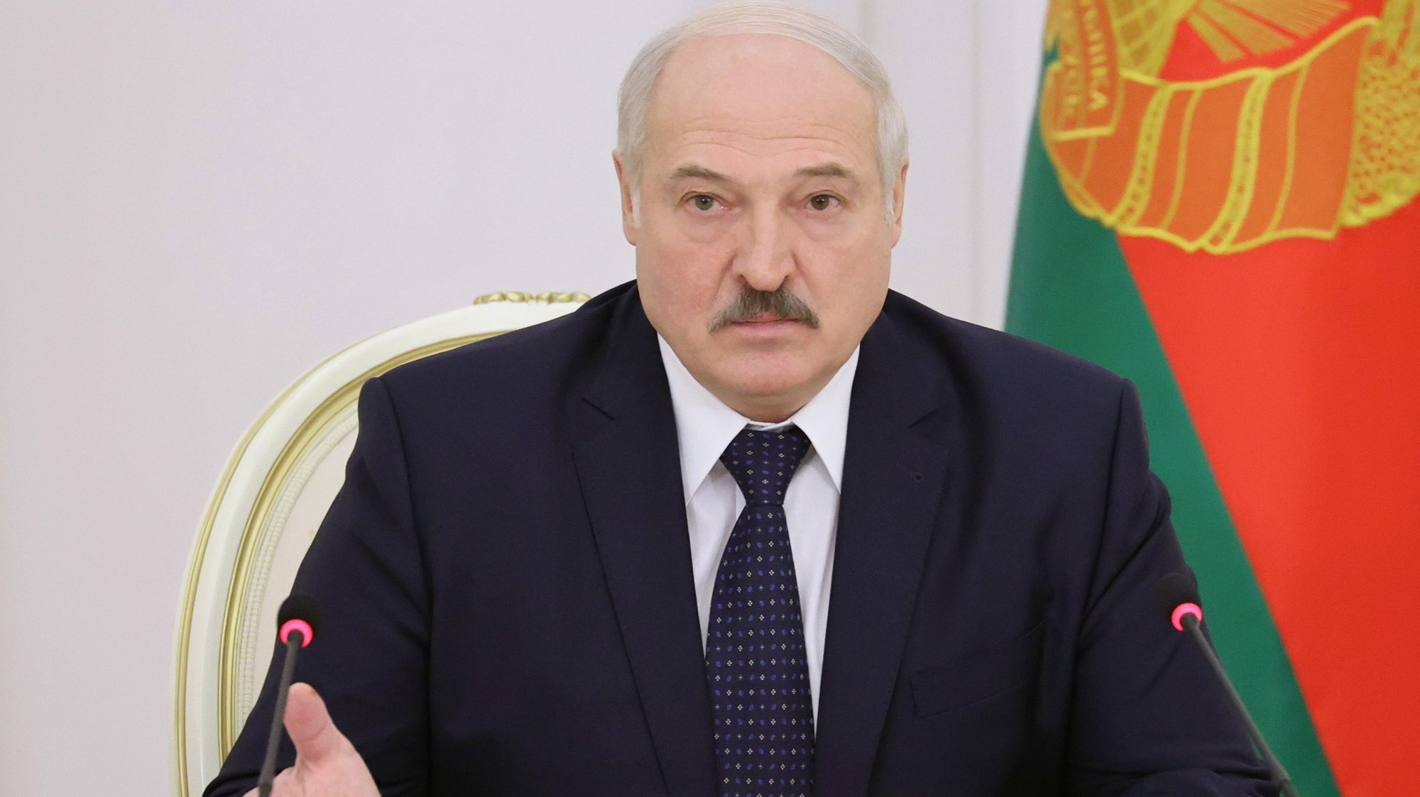 epa09318612 (FILE) Belarusian President Alexander Lukashenko talks during a meeting for economy assessment for 2020 and a draft forecast documents for 2021 in Minsk, Belarus, 07 December 2020 (reissued 02 July 2021). President Lukashenko on 02 July 2021, during a solemn meeting marking the Independence day, has ordered to close the border with Ukraine to prevent the significant incursion of weapons from Ukraine to Belarus, according to Belarusian state news agency Belta.  EPA/MAXIM GUCHEK/ POOL MANDATORY CREDIT *** Local Caption *** 56548158