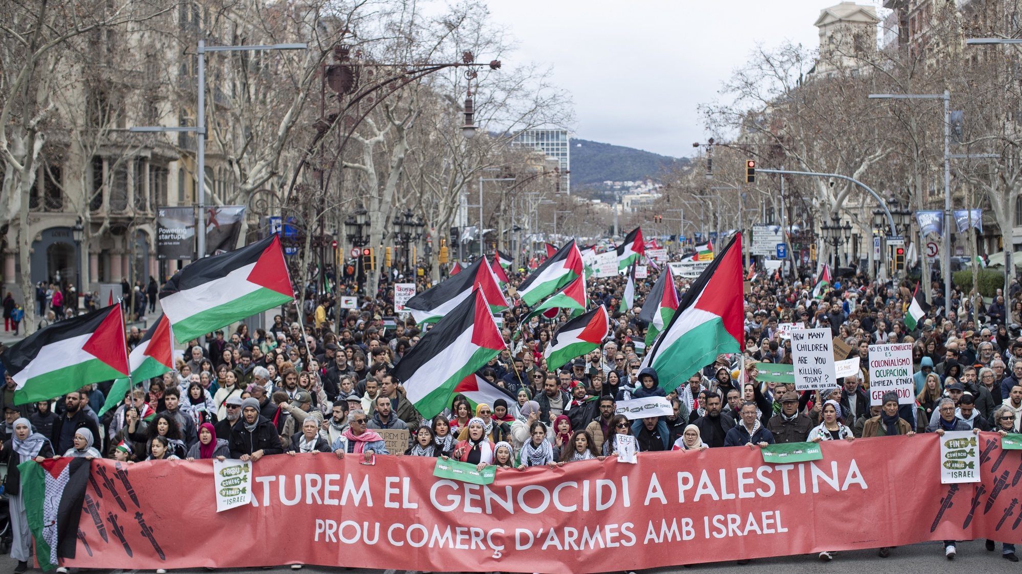 epa11180544 People attend a rally to ask for &#039;the end of the genocide against Palestine people&#039;, and the suspension of weapon trade with Israel, in Barcelona, Spain, 25 February 2024. Thousands of Israelis and Palestinians have been killed since the militant group Hamas launched an unprecedented attack on Israel from the Gaza Strip on 07 October 2023, and the Israeli strikes on the Palestinian enclave which followed it.  EPA/Marta Perez