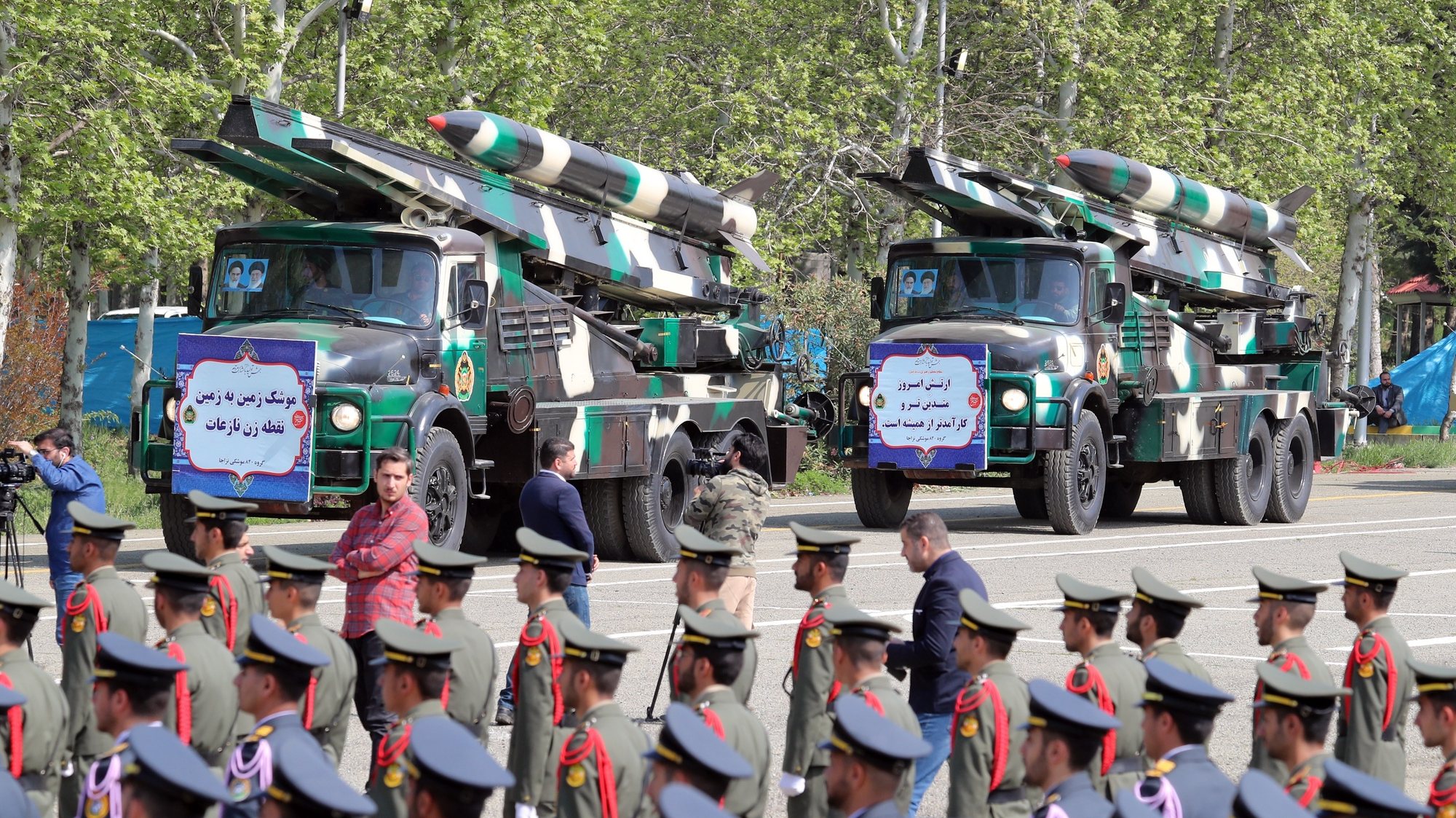 epa11283816 Iranian medium range missiles &#039;Nazeat&#039; are displayed during the annual Army Day celebration at a military base in Tehran, Iran, 17 April 2024. According to Iranian state media, Raisi described the recent attack launched towards Israel as &#039;limited&#039; and &#039;punitive&#039;, adding that any act of aggression against Iran will be dealt with a &#039;powerful and fierce&#039; response. Iran&#039;s Islamic Revolutionary Guards Corps (IRGC) launched drones and rockets towards Israel late on 13 April.  EPA/ABEDIN TAHERKENAREH