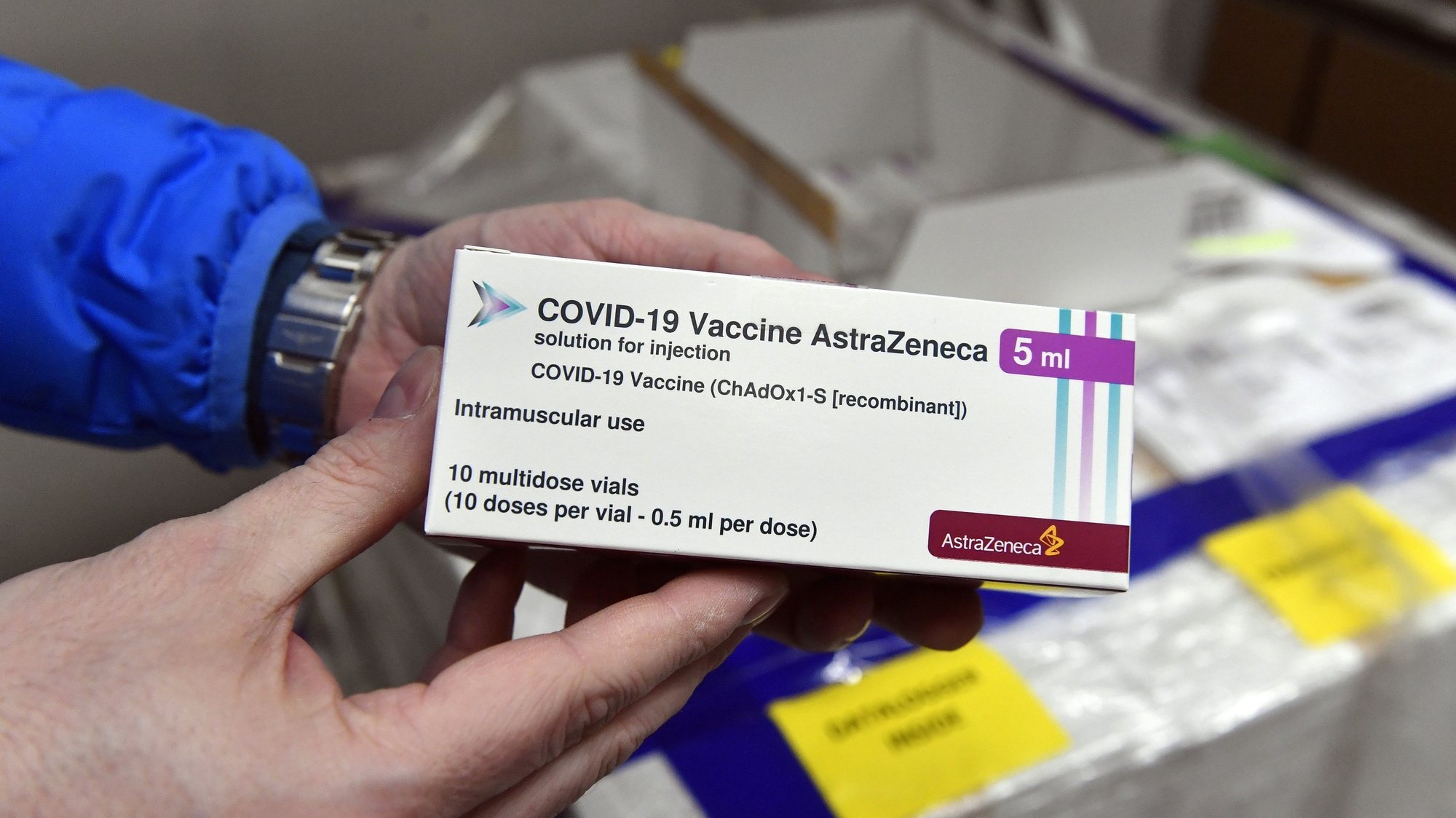 epa09051686 A box of AstraZeneca vaccines is shown at a warehouse of Hungaropharma, a Hungarian pharmaceutical wholesale company, in Budapest, Hungary, after the arrival of a new shipment of the British-Swedish vaccine against the new coronavirus 04 March 2021.  EPA/Zoltan Mathe HUNGARY OUT