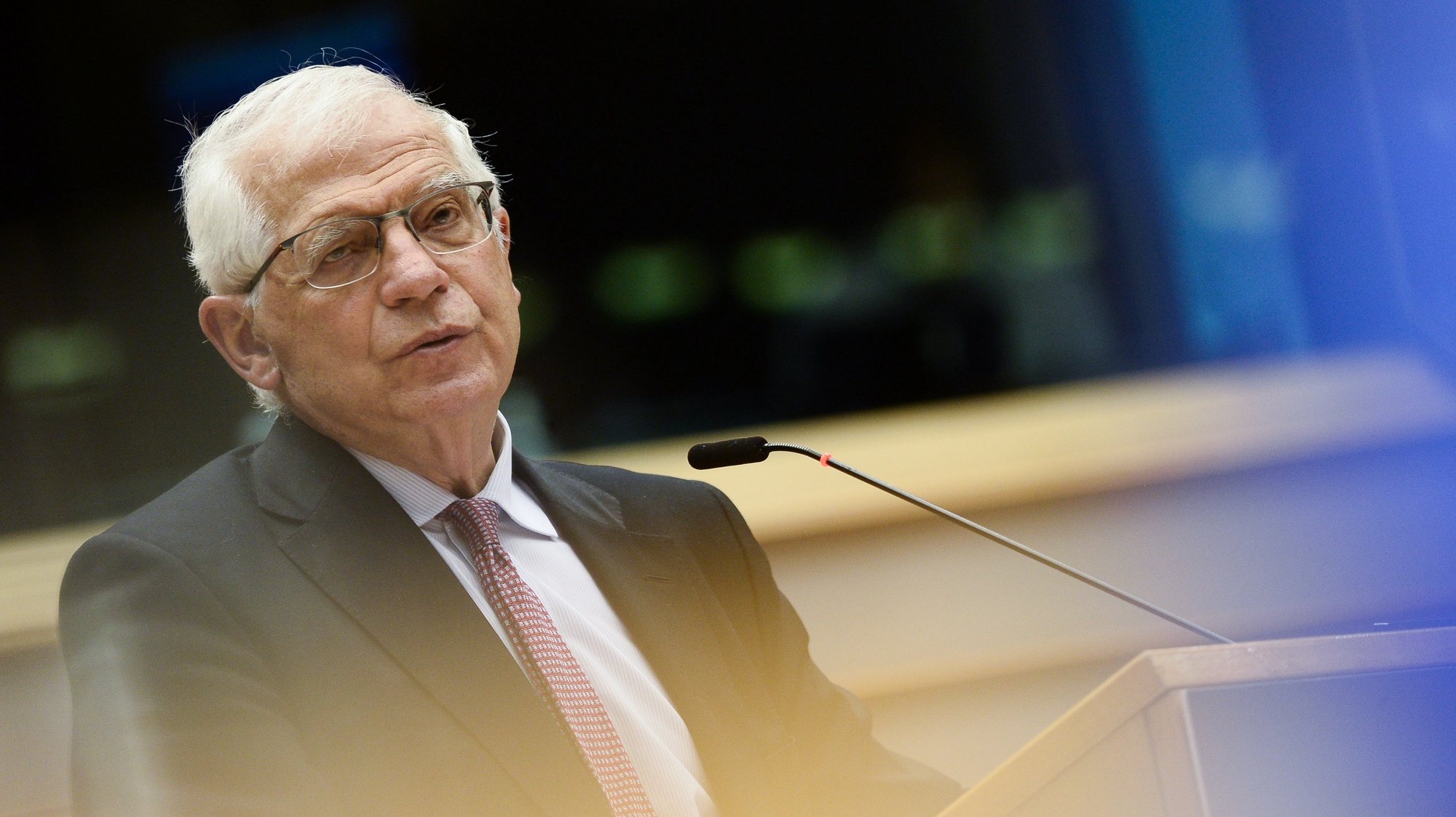 epa09165403 European High Representative of the Union for Foreign Affairs, Josep Borrell addresses the European Parliament in Brussels, Belgium 28 April 2021. The European Parliament debates a resolution on recent events in Russia among others.  EPA/JOHANNA GERON / POOL