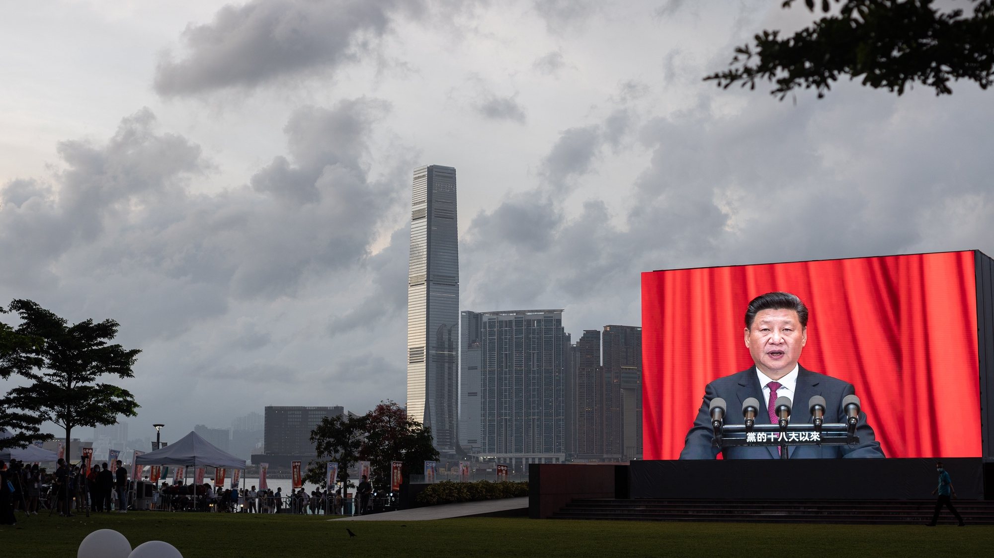 epa09315479 A screen display footage of Chinese President Xi Jinping during a pro-China event in Tamar Park in Hong Kong, China, 01 July 2021. On 01 July 2021 Hong Kong celebrates the anniversary of the establishment of the Hong Kong SAR and also the 100th anniversary of the founding of the Communist Party of China (CCP).  EPA/JEROME FAVRE