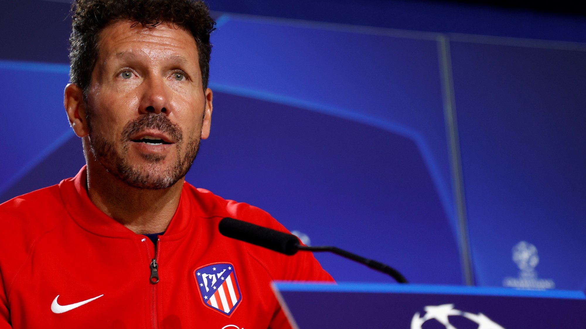 epa09467396 A handout photo made available by Spanish La Liga soccer club Atletico Madrid of head coach Diego Simeone speaking during a press conference at Metropolitano stadium in Madrid, Spain, 14 September 2021. Atletico Madrid will face FC Porto in their UEFA Champions League group B soccer match on 15 September 2021.  EPA/Atletico Madrid HANDOUT  HANDOUT EDITORIAL USE ONLY/NO SALES
