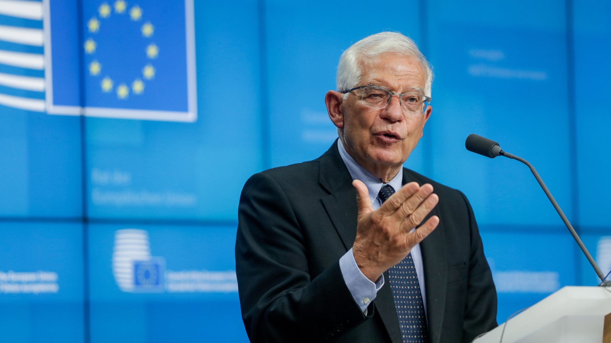 epa09340610 European Union foreign policy chief Josep Borrell gives a press conference at the end of a meeting of the EU foreign ministers, at the European Council in Brussels, Belgium, 12 July 2021.  EPA/STEPHANIE LECOCQ