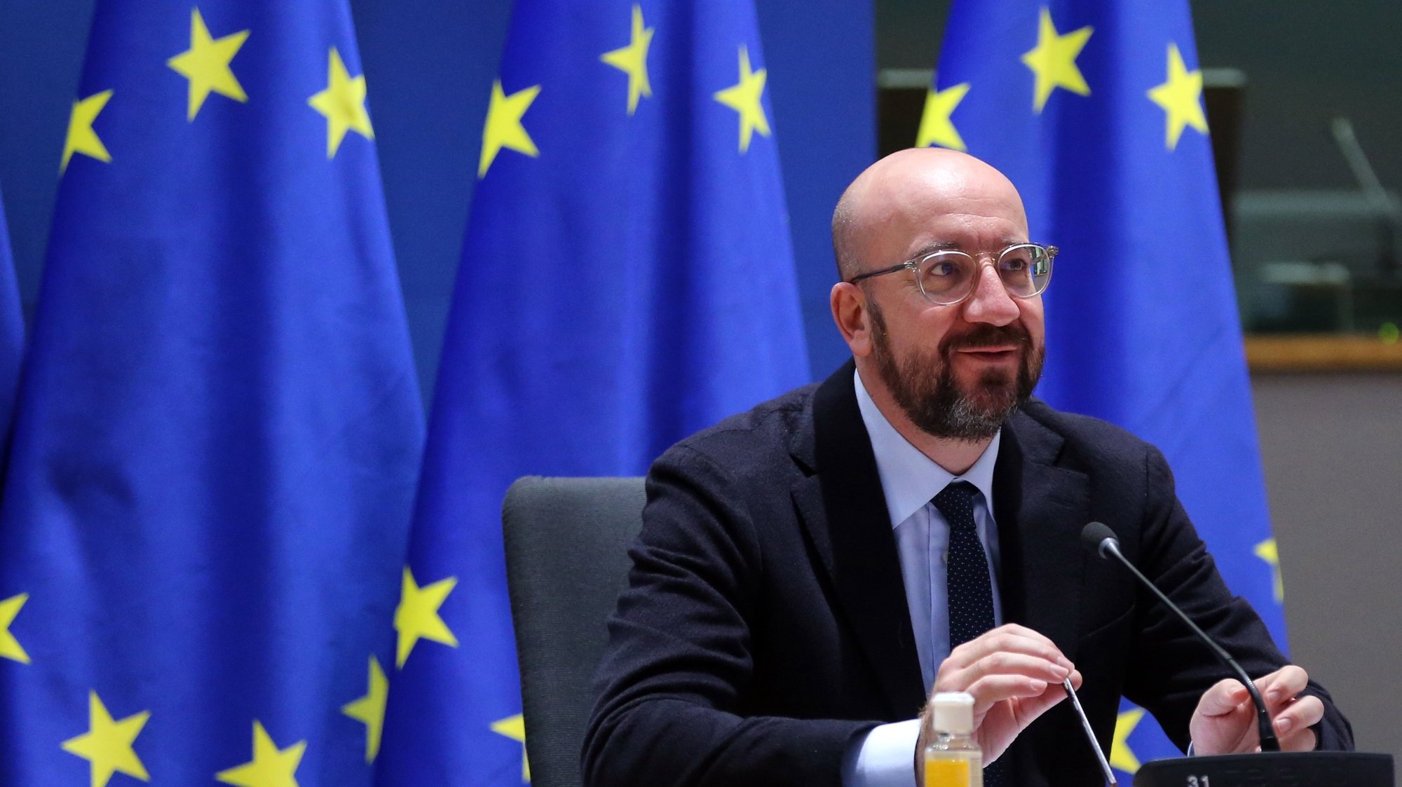 epa08858655 European Council President Charles Michel attends a video conference with representatives of EU member states ahead of the upcoming EU summit, in Brussels, Belgium, 03 December 2020. The summit will take place on 10 December 2020.  EPA/FRANCOIS WALSCHAERTS / POOL