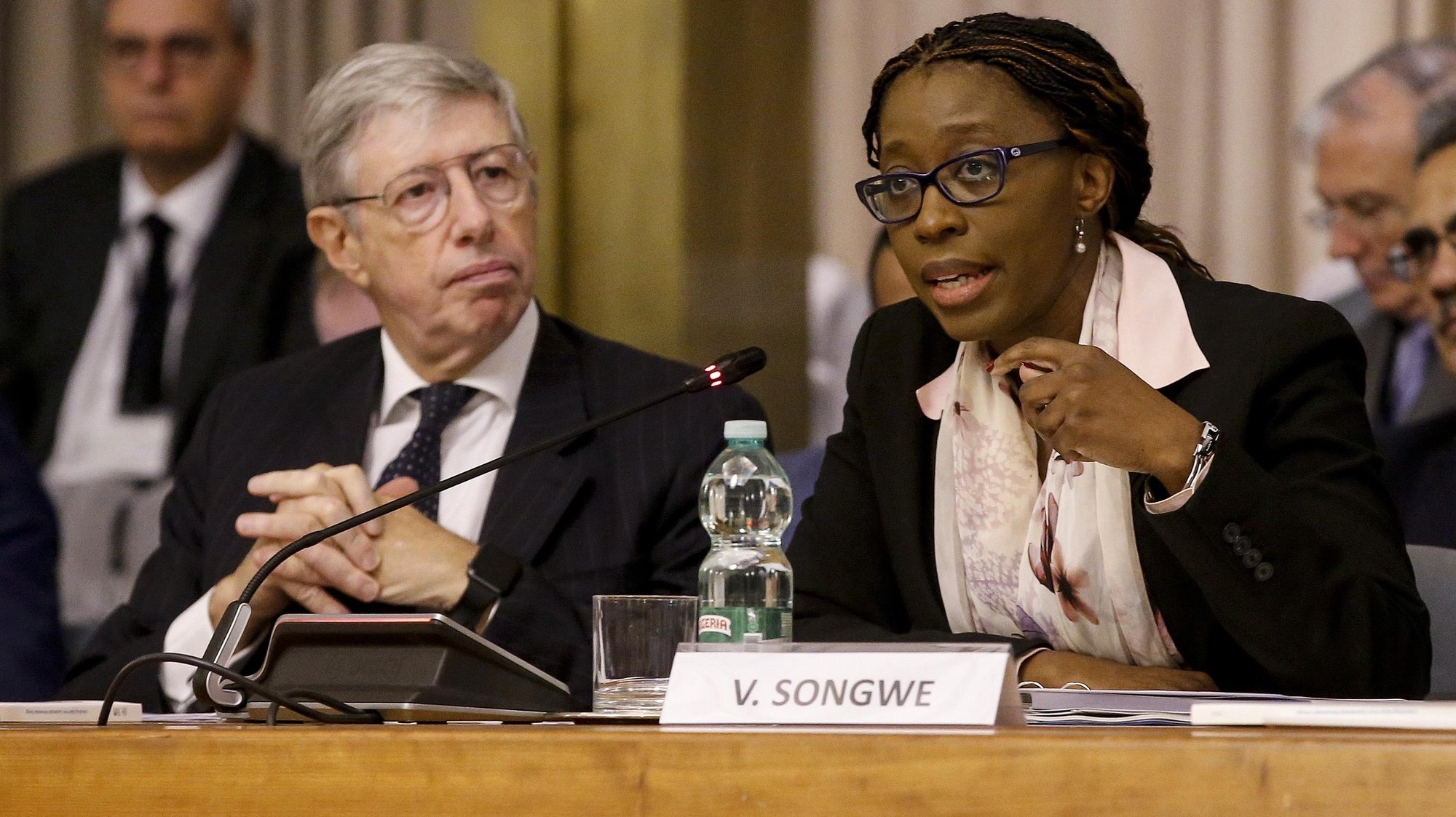 epa07115972 Massimo Gaiani, Director General for Global Issues of Italys Minister for Foreign Affairs and International Cooperation (L) and Vera Songwe, Executive Secretary of the United Nations Economic Commission for Africa, during the conference &#039;Africa&#039;s renewable energy transition: What does it take?&#039;&#039; at Farnesina palace in Rome, Italy, 24 October 2018.  EPA/FABIO FRUSTACI