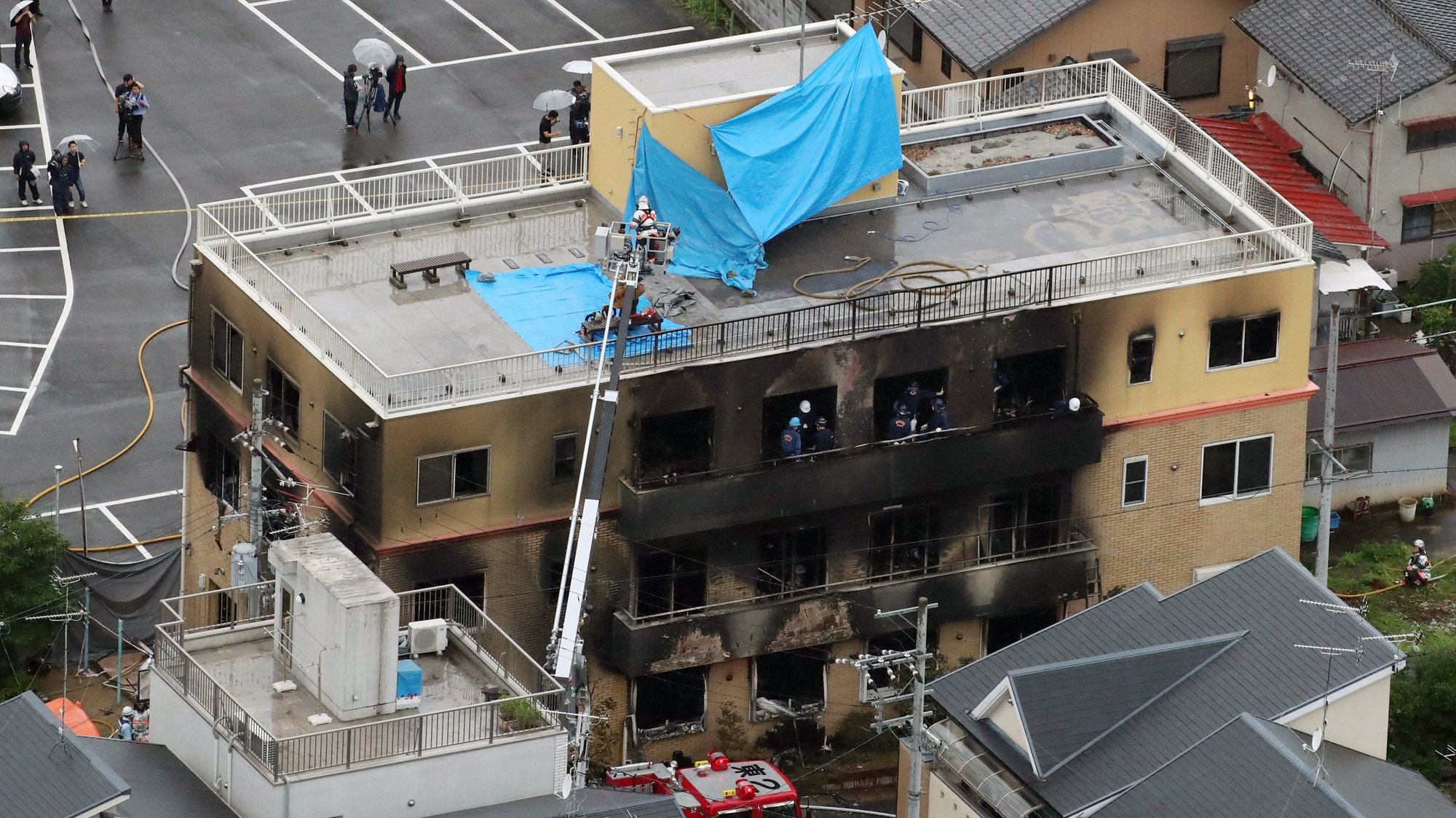 epa11102645 (FILE) - An aerial view of studio of animation production company &#039;Kyoto Animation&#039; after a fire destroyed the building in Kyoto, western Japan, 18 July 2019 (issued 25 January 2024). On 25 January 2024, a Japanese court handed down a death sentence to Shinji Aoba for the 2019 arson attack at a Kyoto Animation Co. studio that killed 36 people.  EPA/JIJI PRESS JAPAN OUT EDITORIAL USE ONLY/