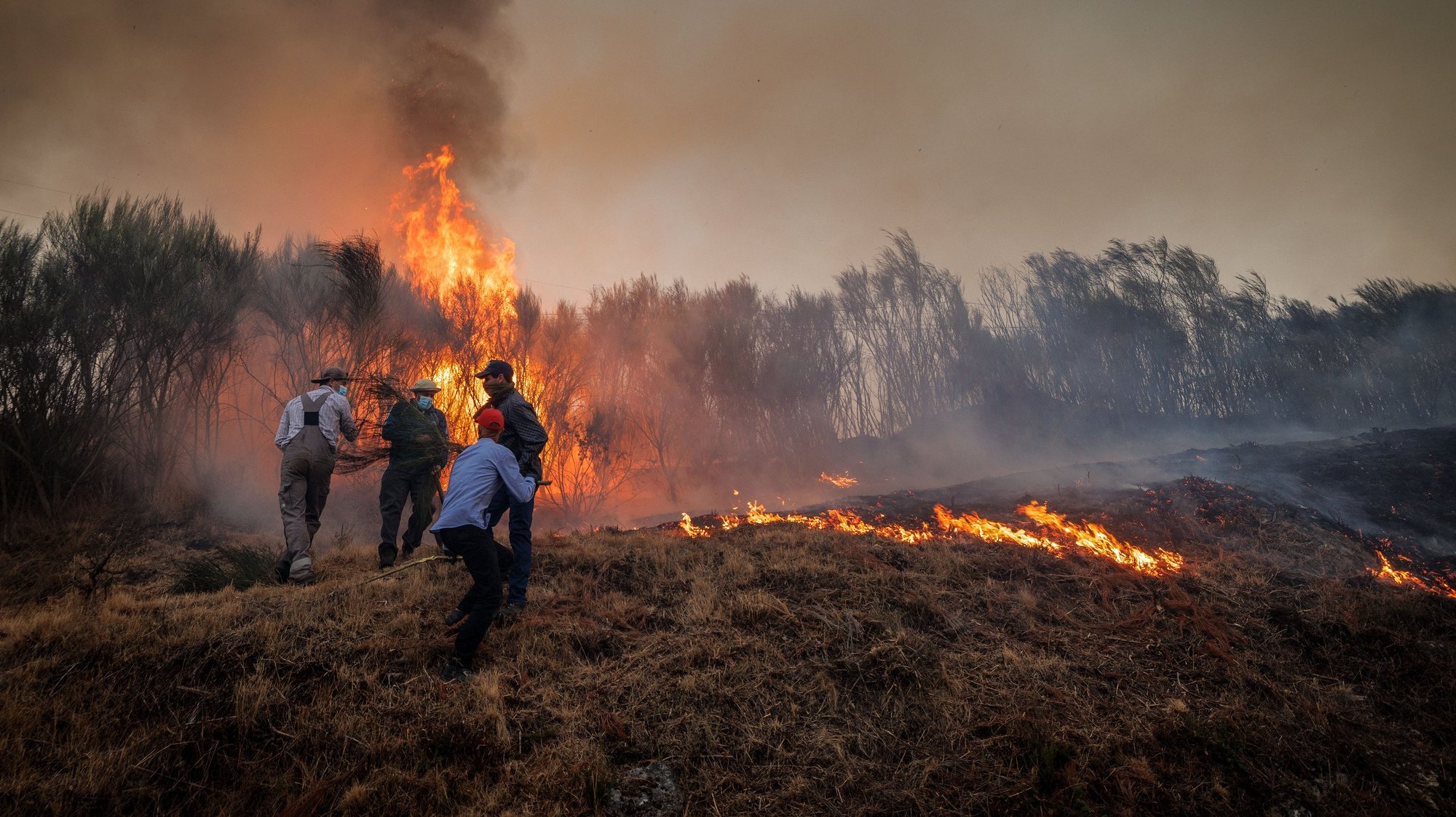 Populares tentam apagar o fogo na aldeia de Covelo que se viu envolvida pelas chamas, esta tarde, em Vila Real,  21 de agosto 2022.  PEDRO SARMENTO COSTA/LUSA