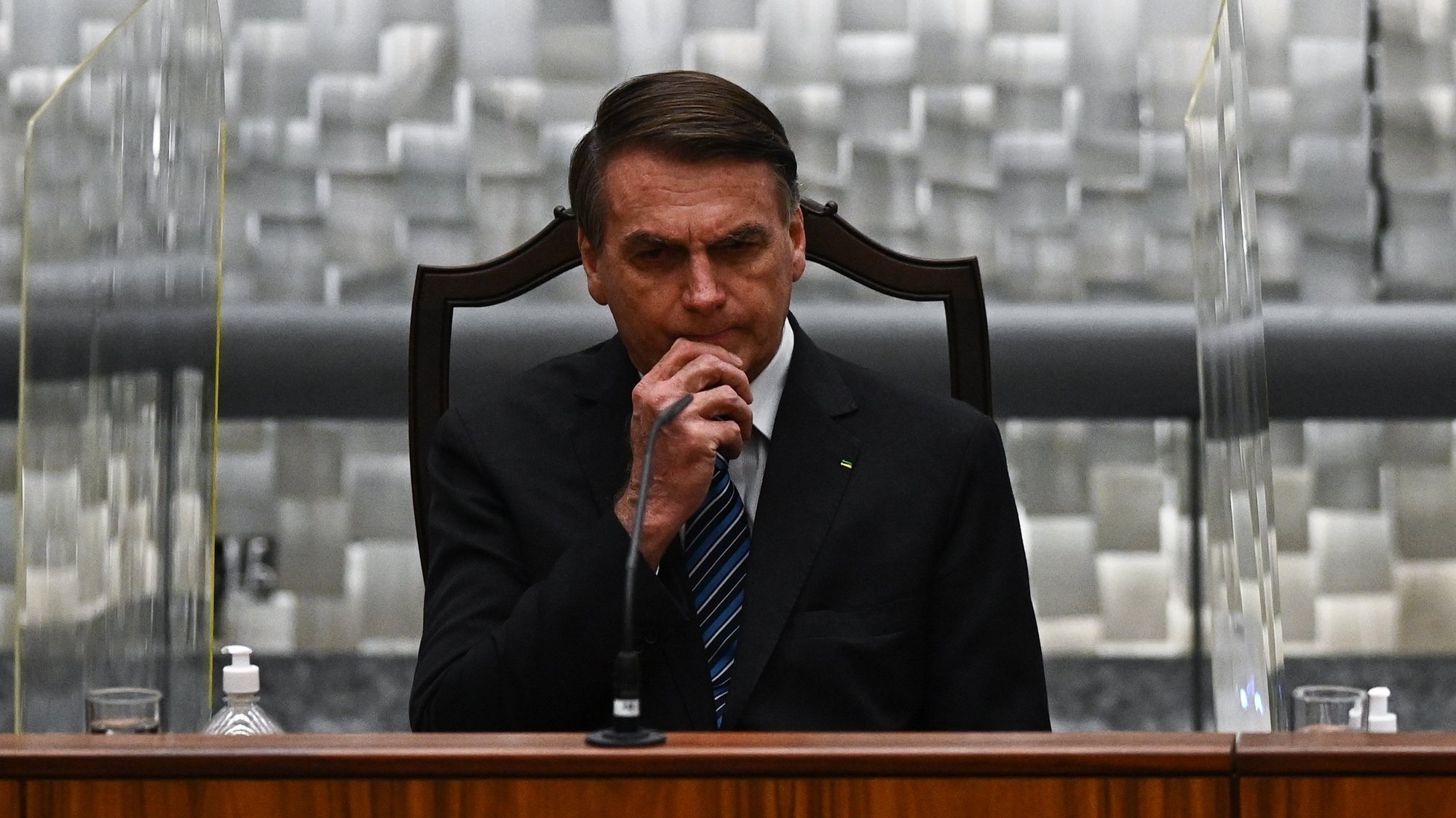 epa10353065 The President of Brazil, Jair Bolsonaro, attends the inauguration ceremony of Messod Azulay and Paulo Sergio Domingues as new judges of the Superior Court of Justice (STJ), in Brasilia, Brazil, 06 December 2022.  EPA/Andre Borges