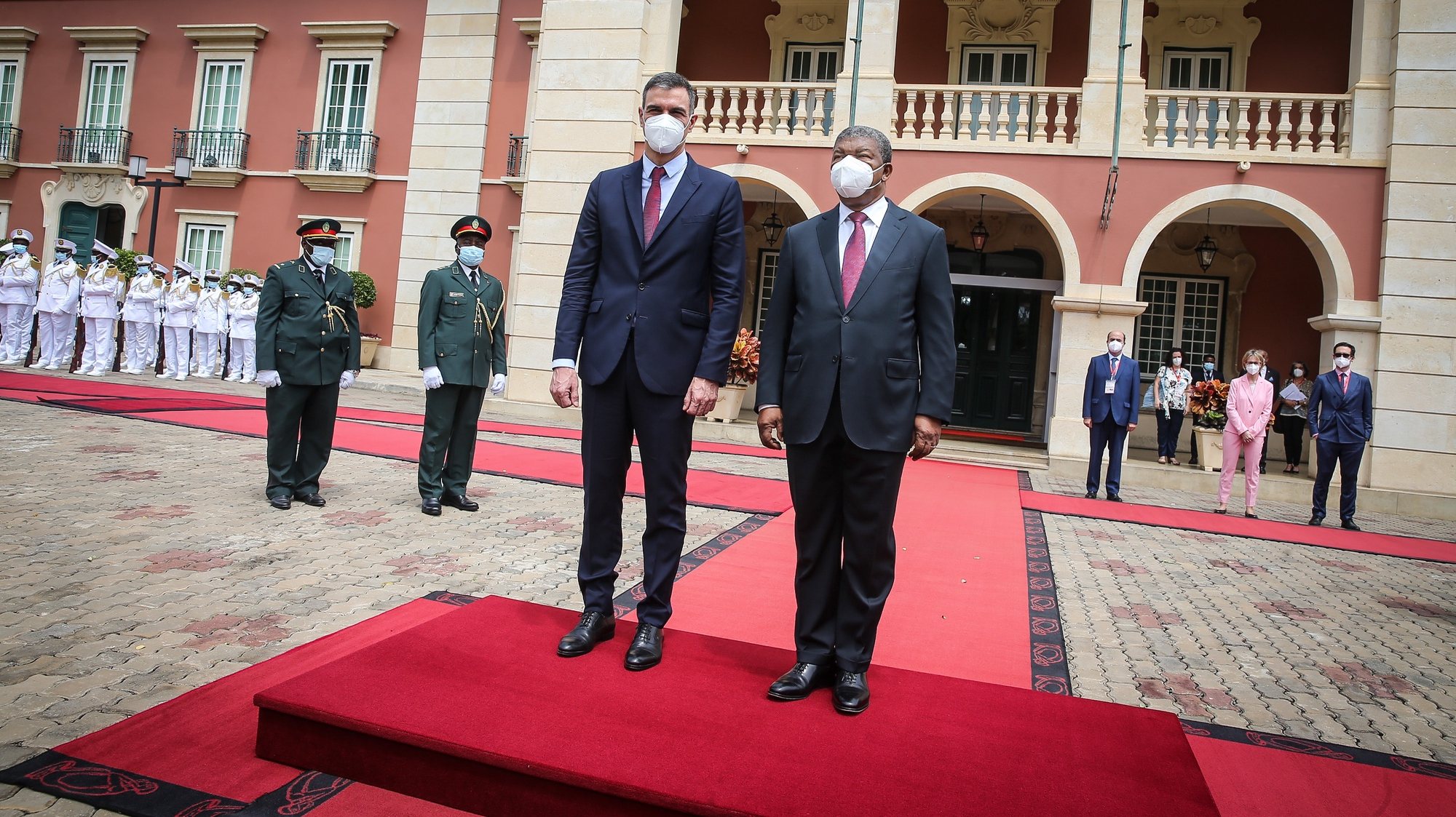 Spanish Prime Minister, Pedro Sanchez (L), flanked by Angola President, Joao Lourenço (R), at his arrival to the Presidential Palace during his official visit to Angola, Luanda, 8th April 2021. AMPE ROGERIO/LUSA