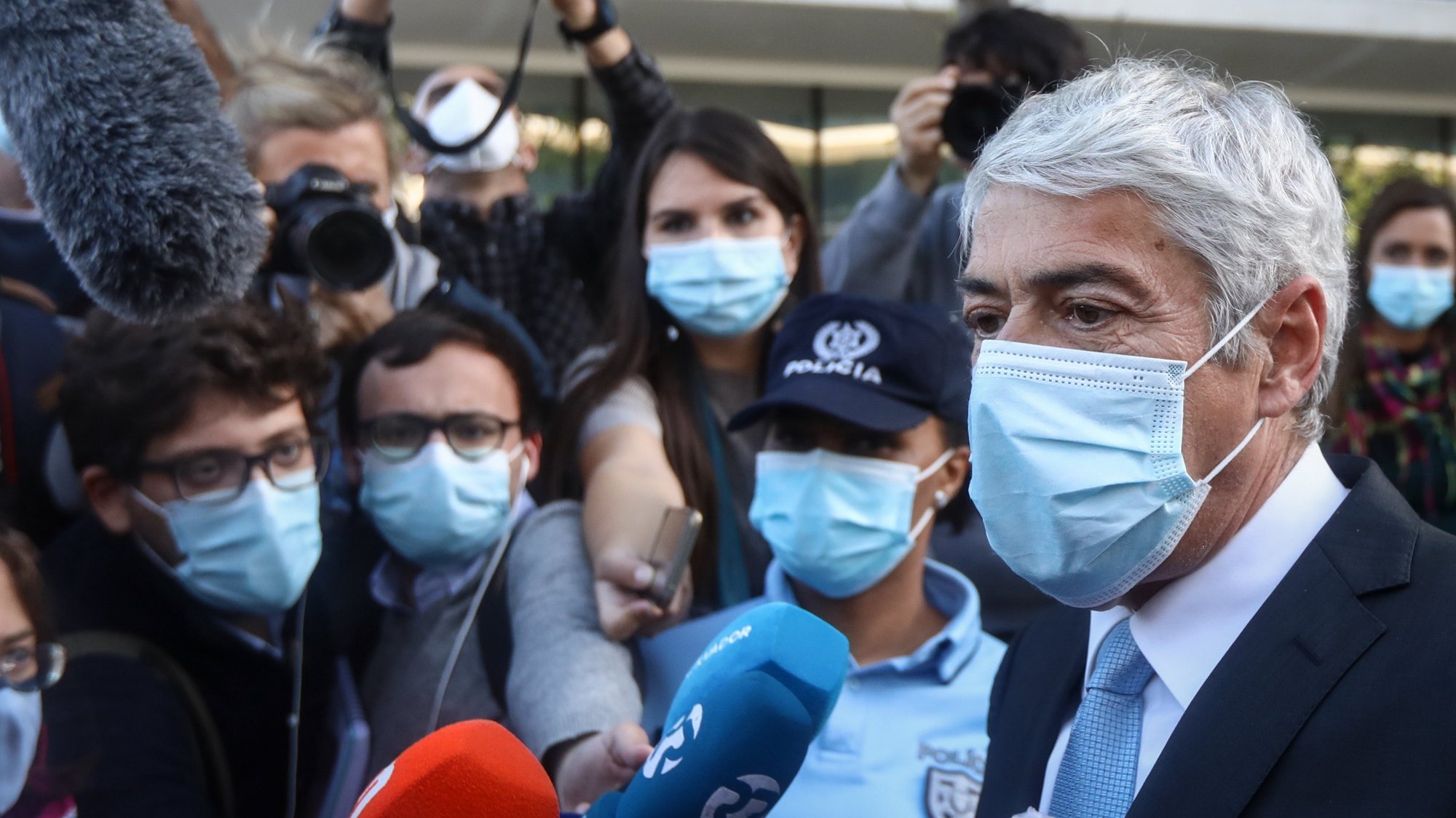 The defendant and former Prime Minister Jose Socrates talks to the press after the reading of the instructional decision of the high-profile corruption case known as Operation Marques, at the Justice Campus in Lisbon, Portugal, 09 April 2021. Operation Marques has 28 defendants - 19 people and 9 companies - including former Prime Minister Jose Socrates, banker Ricardo Salgado, businessman and friend of Socrates Carlos Santos Silva, and senior executives of Portugal Telecom, and is related to crimes of active and passive corruption, money laundering, document forgery, and tax fraud.  ANTÓNIO COTRIM/LUSA