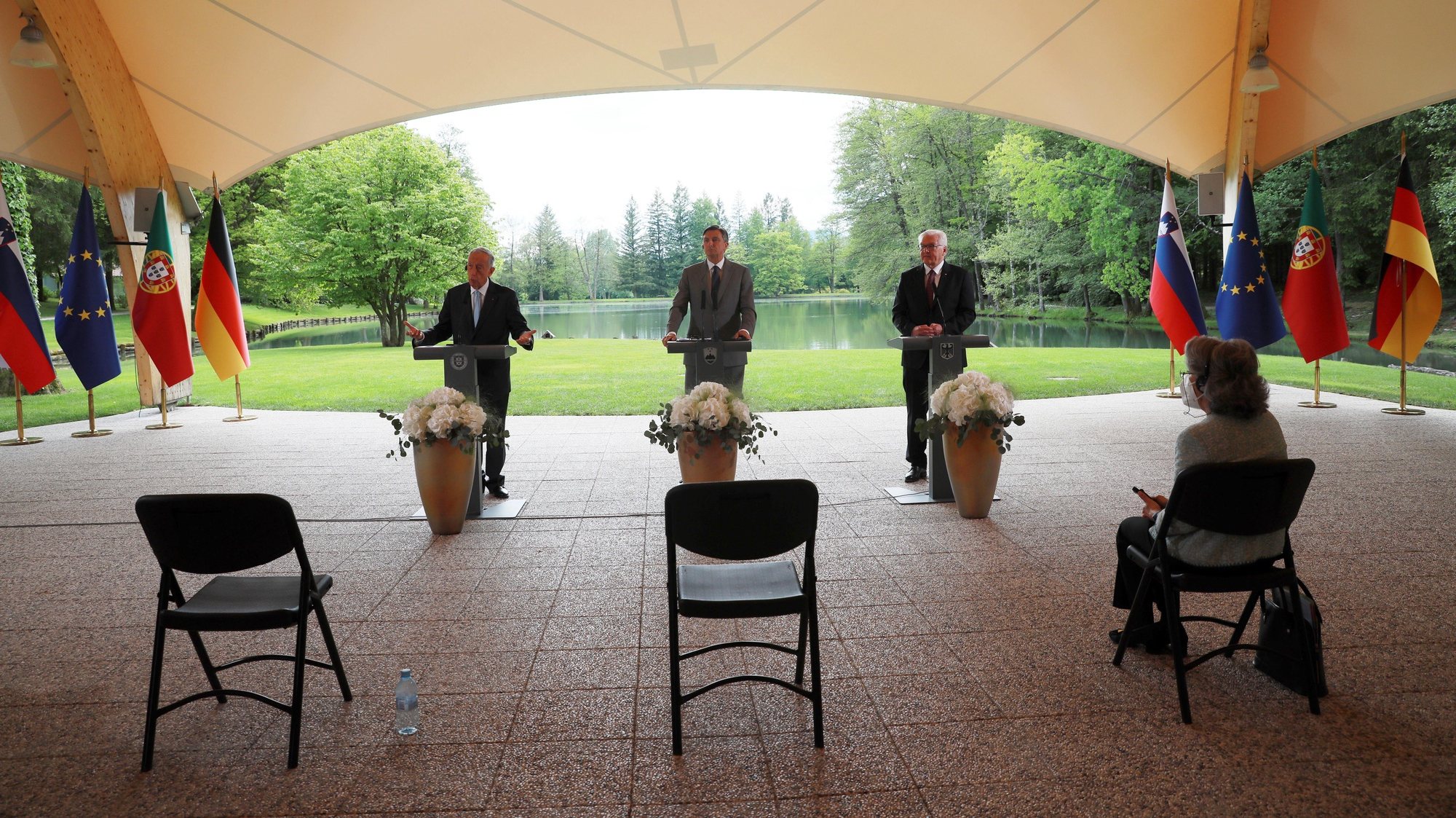 The President of Portugal, Marcelo Rebelo de Sousa (L) with the President of Germany, Frank-Walter Steinmeier (R) and the President of Slovenia, Borut Pahor (C), during a meeting of the Trio of Presidencies of the European Union at Brdo Castle in Kranj, Slovenia, 30 May 2021. Marcelo Rebelo de Sousa is on an official visit to Slovenia between Sunday and Tuesday, and will then head to Bulgaria. ESTELA SILVA/LUSA