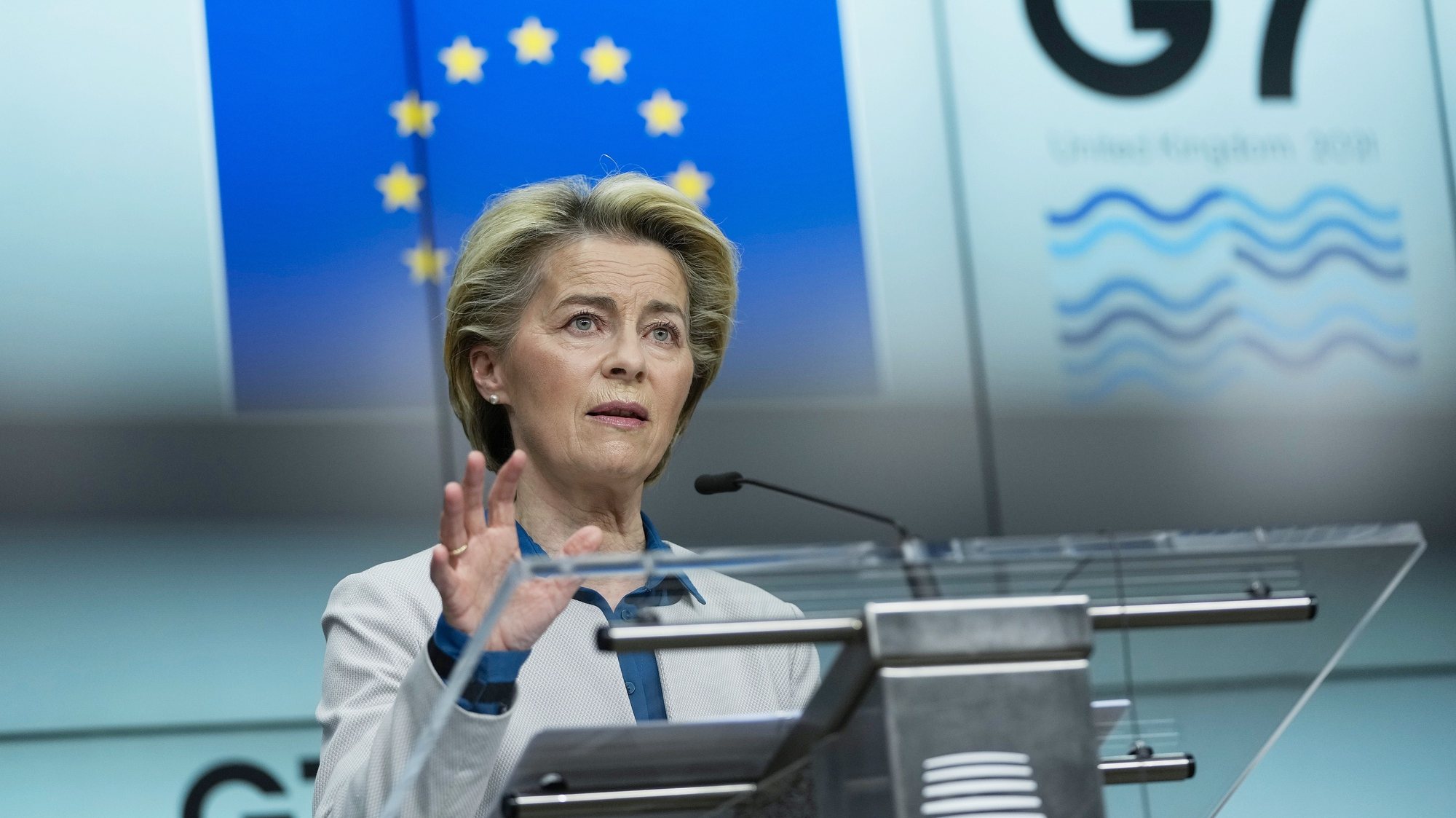 epa09259058 European Commission President Ursula von der Leyen speaks during a joint news conference with European Council President Charles Michel ahead of the G7 summit, at the EU headquarters in Brussels, Belgiuem, 10 June 2021. Charles Michel and Ursula von der Leyen will attend the G7 summit in Cornwall, southwest England.  EPA/Francisco Seco / POOL