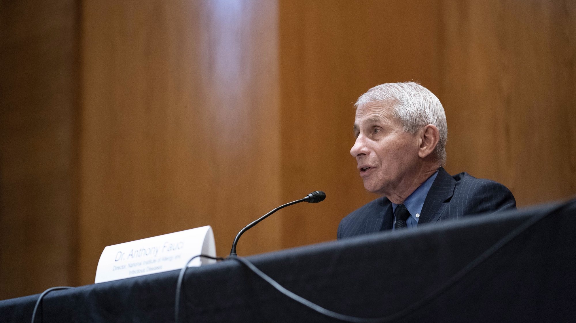 epa09229298 Dr. Anthony Fauci, director of the National Institute of Allergy and Infectious Diseases, speaks during a Senate Appropriations Labor, Health and Human Services Subcommittee hearing looking into the budget estimates for National Institute of Health (NIH) and state of medical research on Capitol Hill in Washington, DC, USA, 26 May 2021.  EPA/Sarah Silbiger / POOL