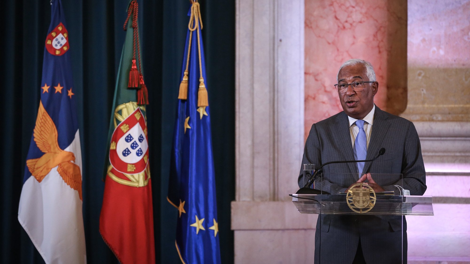 O primeiro ministro António Costa usa da palavra durante a assinatura do contrato de financiamento dos investimentos previstos no PRR para a Região Autónoma dos Açores, no Palácio da Ajuda, em Lisboa, 02 de setembro de 2021. RODRIGO ANTUNES/LUSA