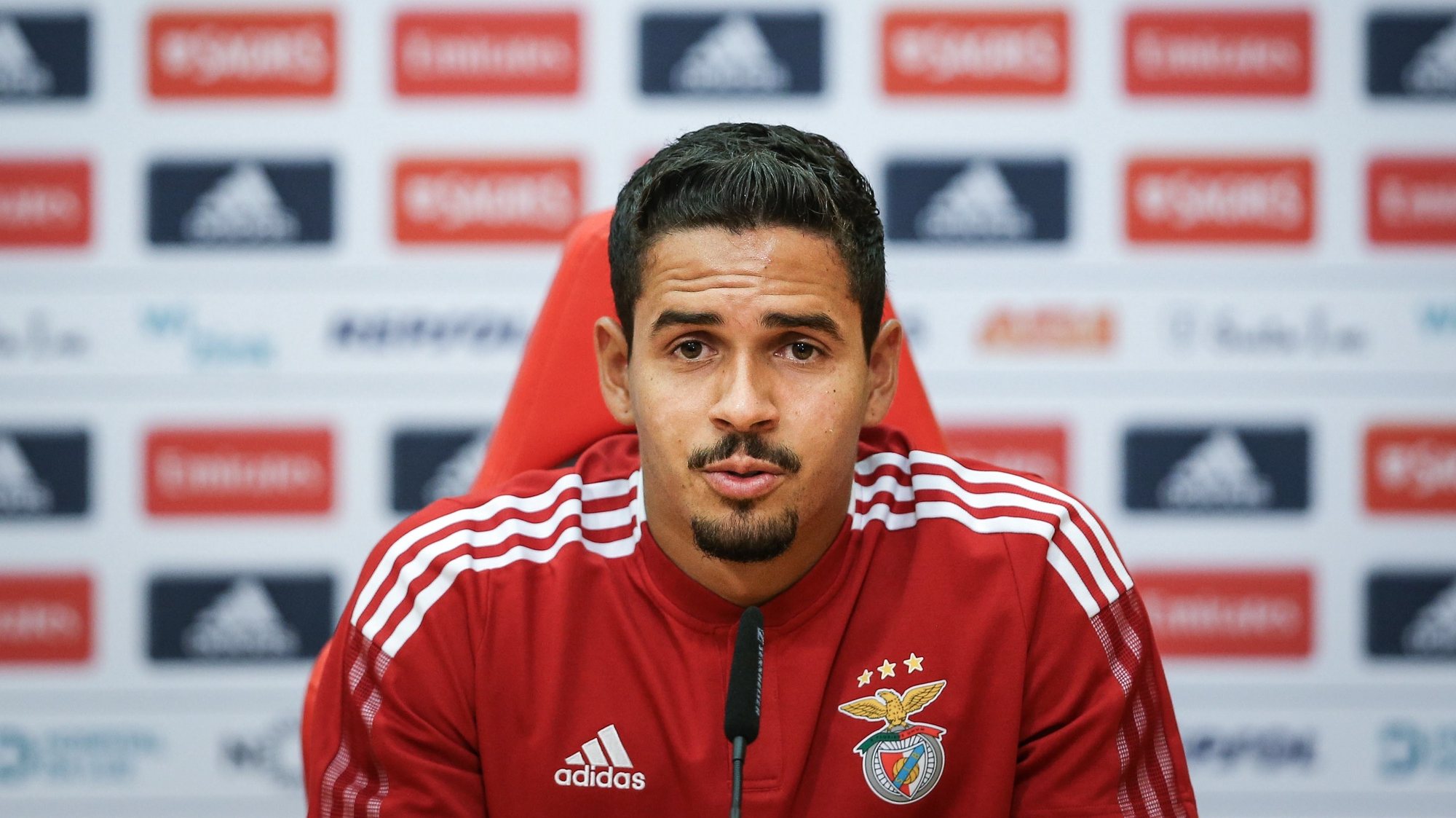 epa09407389 Benfica&#039;s player Lucas Verissimo attends a press conference at the the Seixal training center in Seixal, Portugal, 09 August 2021. Benfica will face Spartak Moscow in their UEFA Champions League Third qualifying round, second leg soccer match at Luz stadium in Lisbon on 10 August 2021.  EPA/RODRIGO ANTUNES