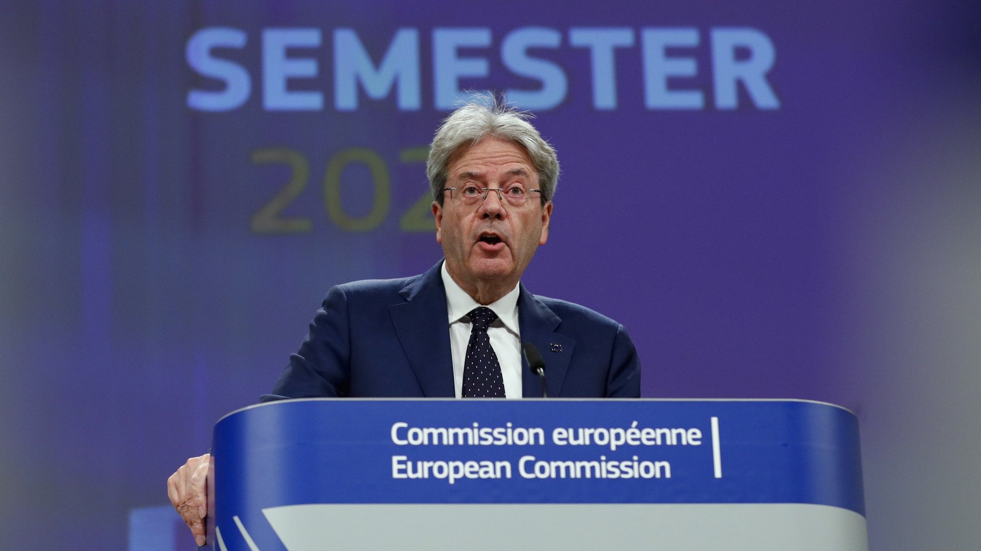 epa09242788 EU Commissioner for Economy Paolo Gentiloni speaks during a news conference on the European Semester Spring Package in Brussels, Belgium, 02 June 2021.  EPA/JOHANNA GERON / POOL