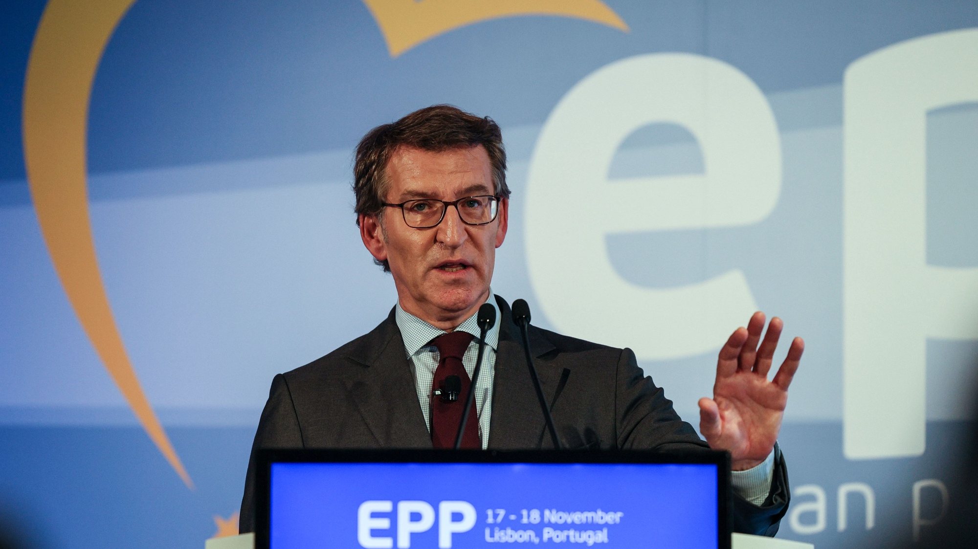 President of PP Alberto Nunez Feijoo speaks during the first day of the Political Assembly of the European People&#039;s Party in Lisbon, Portugal, 17 November 2022. The EPP Political Assembly is organized by the European People&#039;s Party (EPP), the political family of the Christian Democrats in Europe, and takes place in Lisbon from 17 to 18 November 2022. MANUEL DE ALMEIDA/LUSA