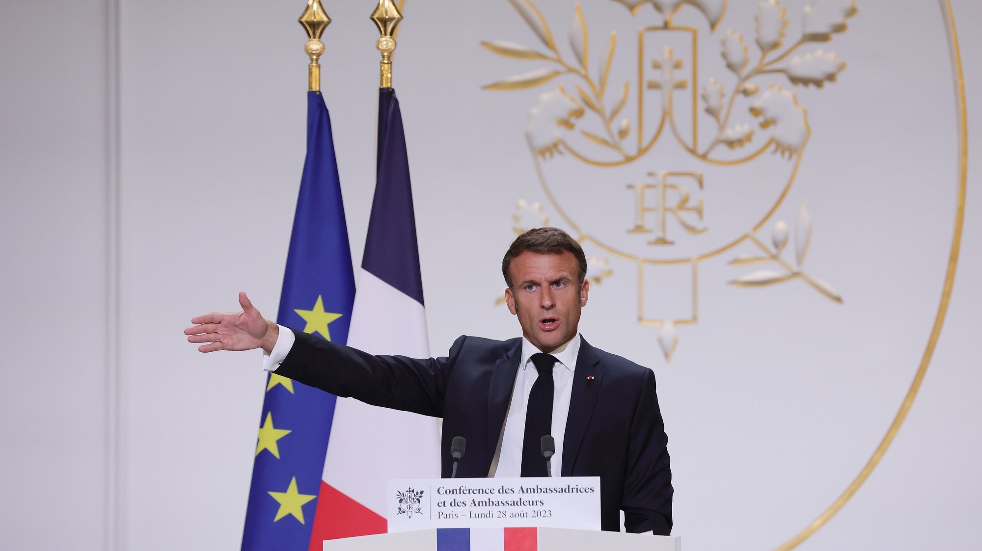 epa10825110 French President Emmanuel Macron speaks in front of French ambassadors during the conference of ambassadors at the Elysee Palace, Paris, France, 28 August 2023. Macron is expected to highlight France&#039;s foreign policy during the annual ambassadors&#039; conference.  EPA/TERESA SUAREZ / POOL
