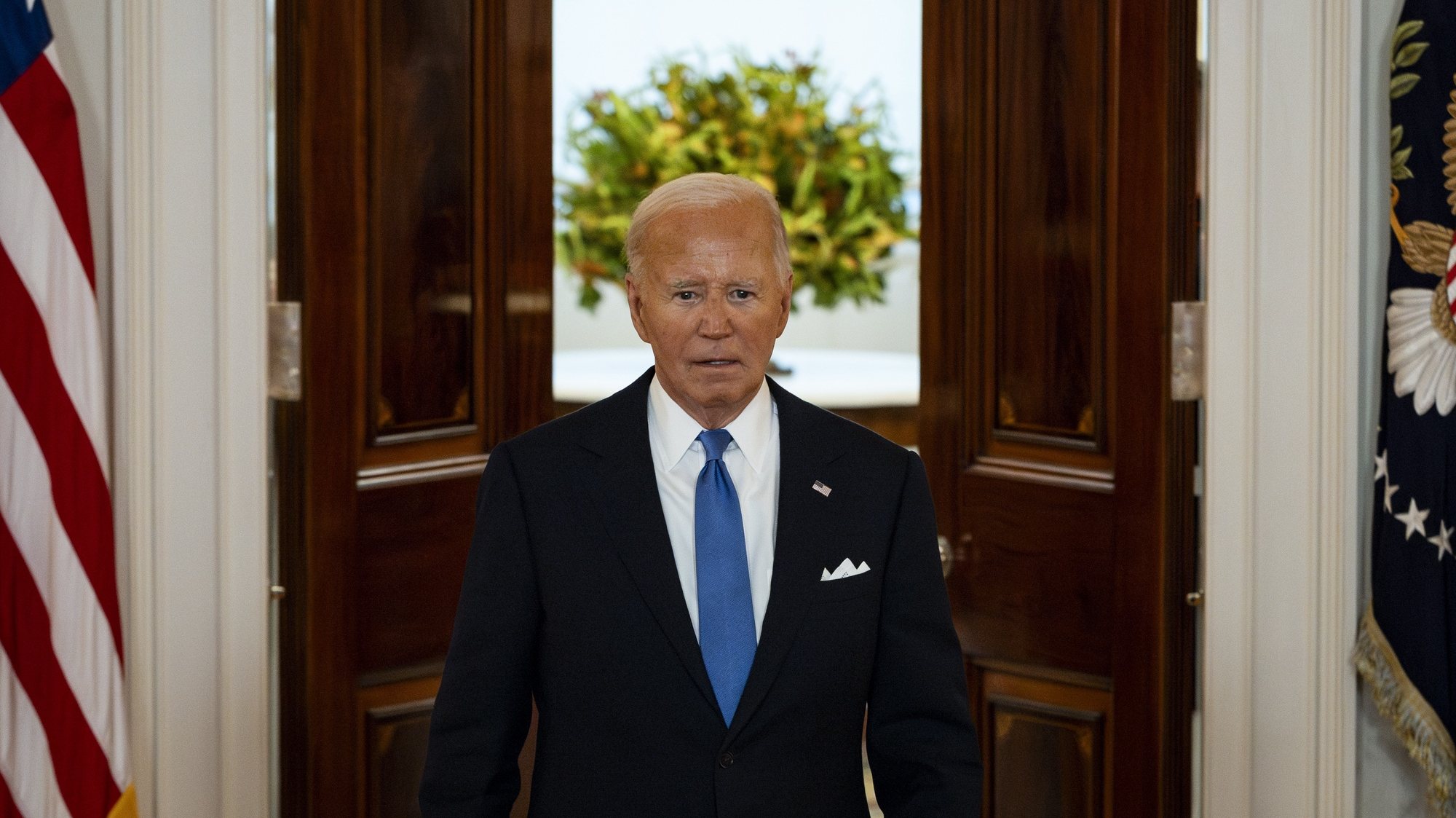epa11451542 US President Joe Biden walks from the Blue Room to deliver remarks about the US Supreme Court Presidential Immunity ruling for the Trump vs. United States case at the White House in Washington, DC, USA, 01 July 2024. The Court released their ruling which stated that a sitting president has immunity from criminal liability for actions taken while in office that are deemed Official Acts.  EPA/SAMUEL CORUM / POOL *** World Rights ***