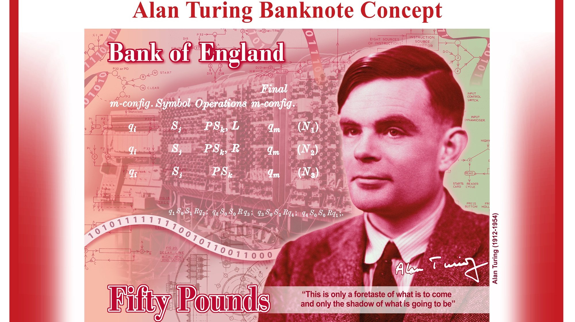 epa07718246 An undated handout photo made available by the British Bank of England on 15 July 2019 showing the new concept image design of the Bank of England&#039;s 50 GBP note featuring British computer pioneer and codebreaker Alan Turing. Bank of England Governor, Mark Carney, announced that Alan Turing will appear on the new polymer note. Alan Turing was an outstanding mathematician whose work has had an enormous impact on how we live today. As the father of computerscience and artificial intelligence, as well as war hero, Alan Turing’s contributions were far ranging and path breaking. Turing is a giant on whose shoulders so many now stand.”Alan Turing provided the theoretical underpinnings for the modern computer. While best known for his work devising code-breaking machines during WWII, Turing played a pivotal role in the development of early computers first at the National Physical Laboratory and later at the University of Manchester. EPA/BANK OF ENGLAND / HANDOUT MANDATORY CREDIT HANDOUT EDITORIAL USE ONLY/NO SALES